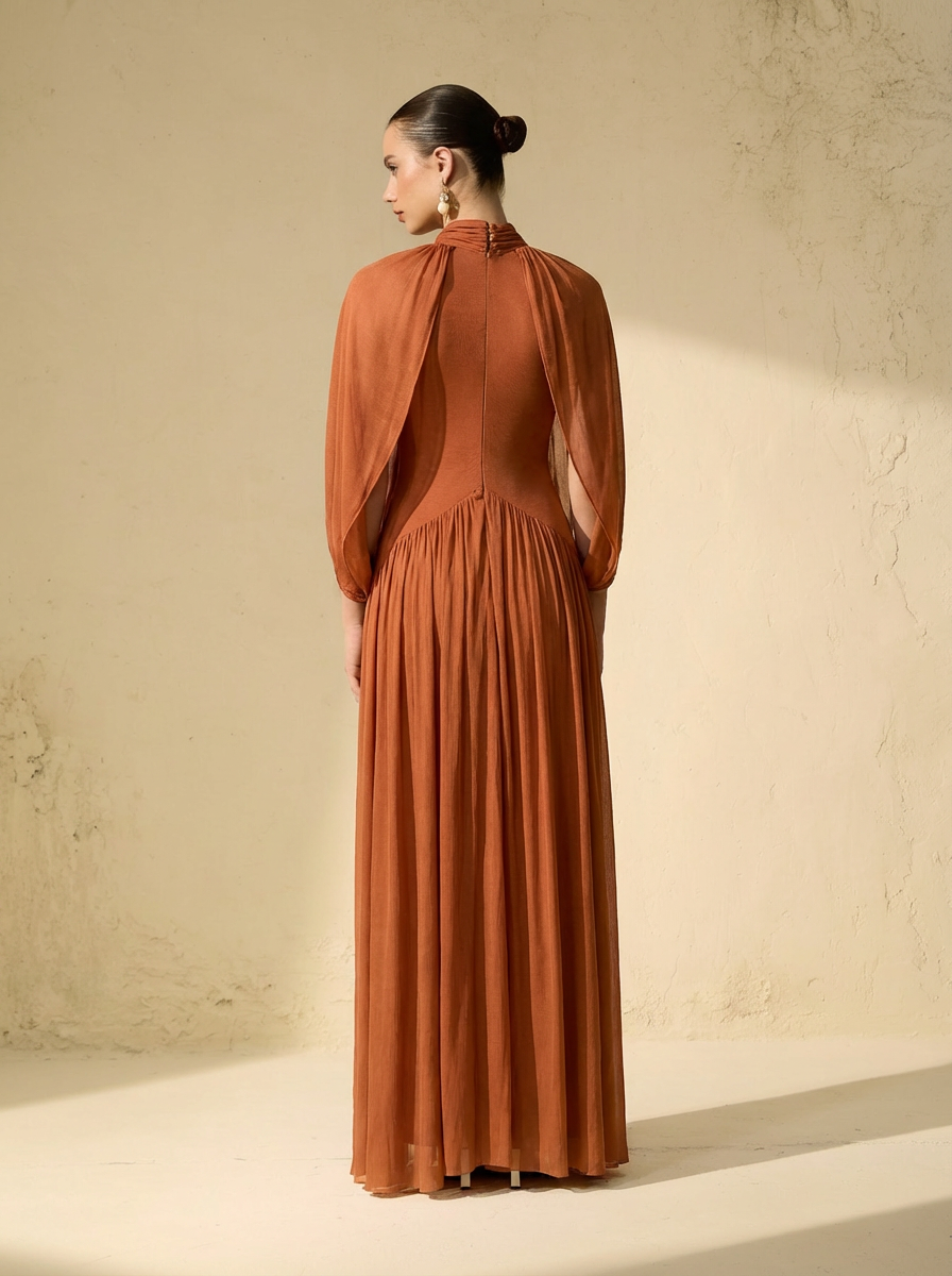 Sleek Brown Draped Cape Sleeve Maxi Dress
