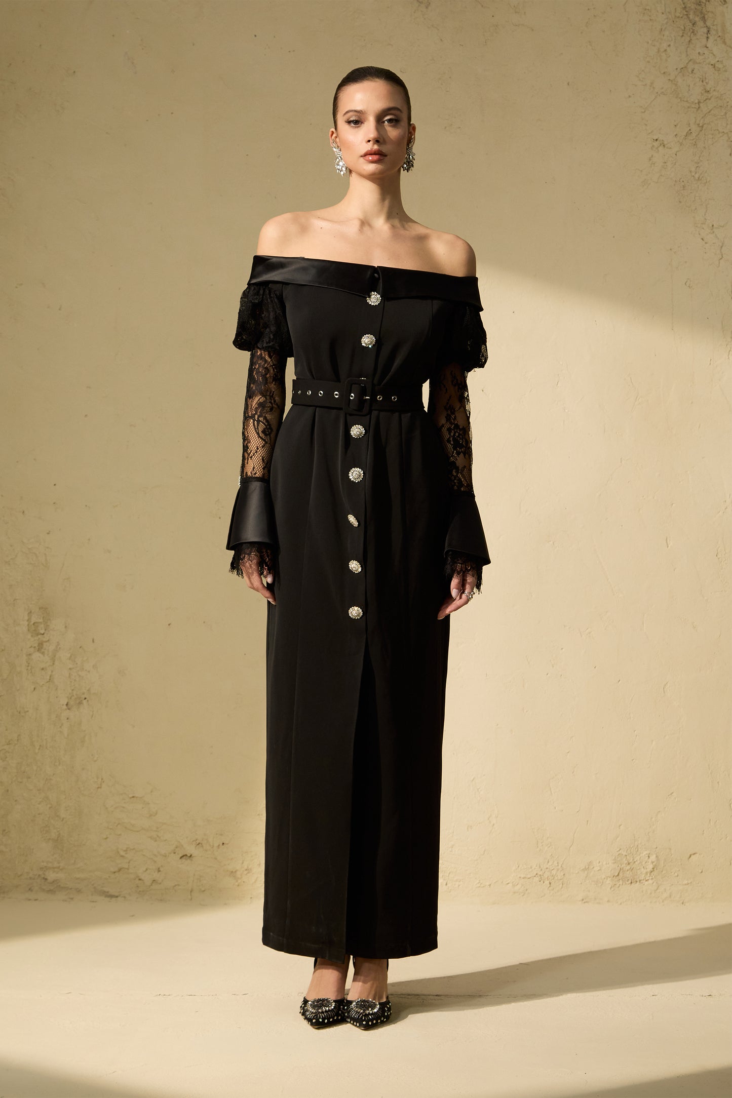 Sophisticated Black Off-Shoulder Lace Maxi Dress