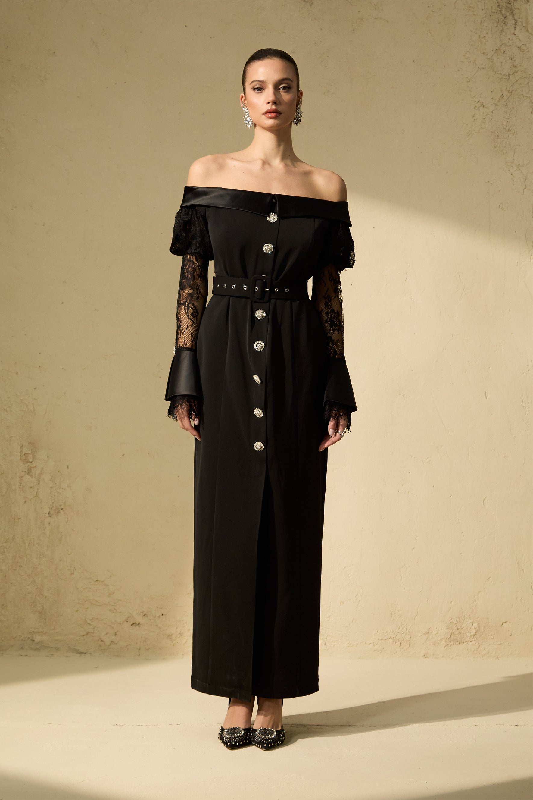 Sophisticated Black Off-Shoulder Lace Maxi Dress