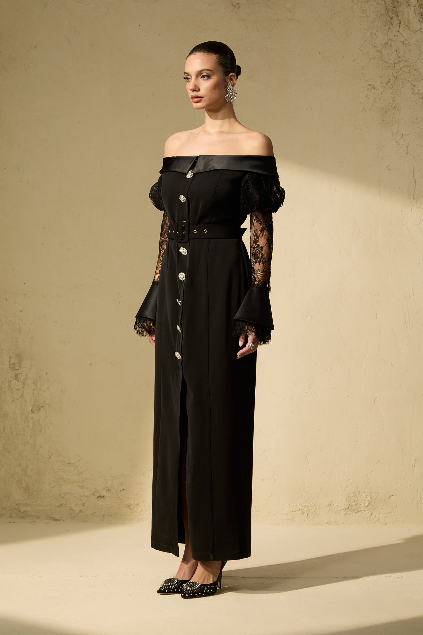 Sophisticated Black Off-Shoulder Lace Maxi Dress
