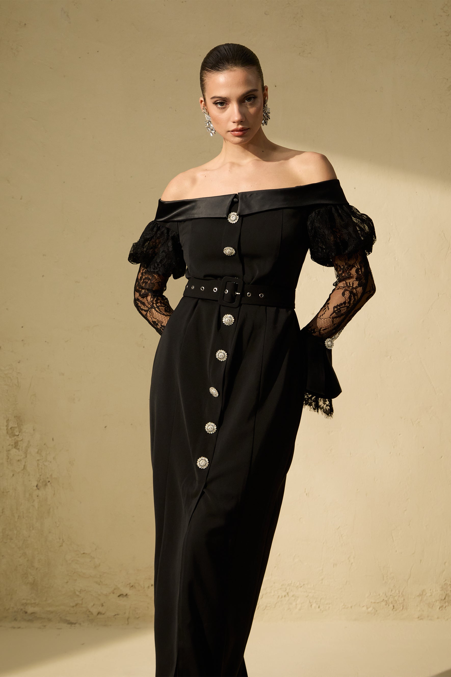 Sophisticated Black Off-Shoulder Lace Maxi Dress