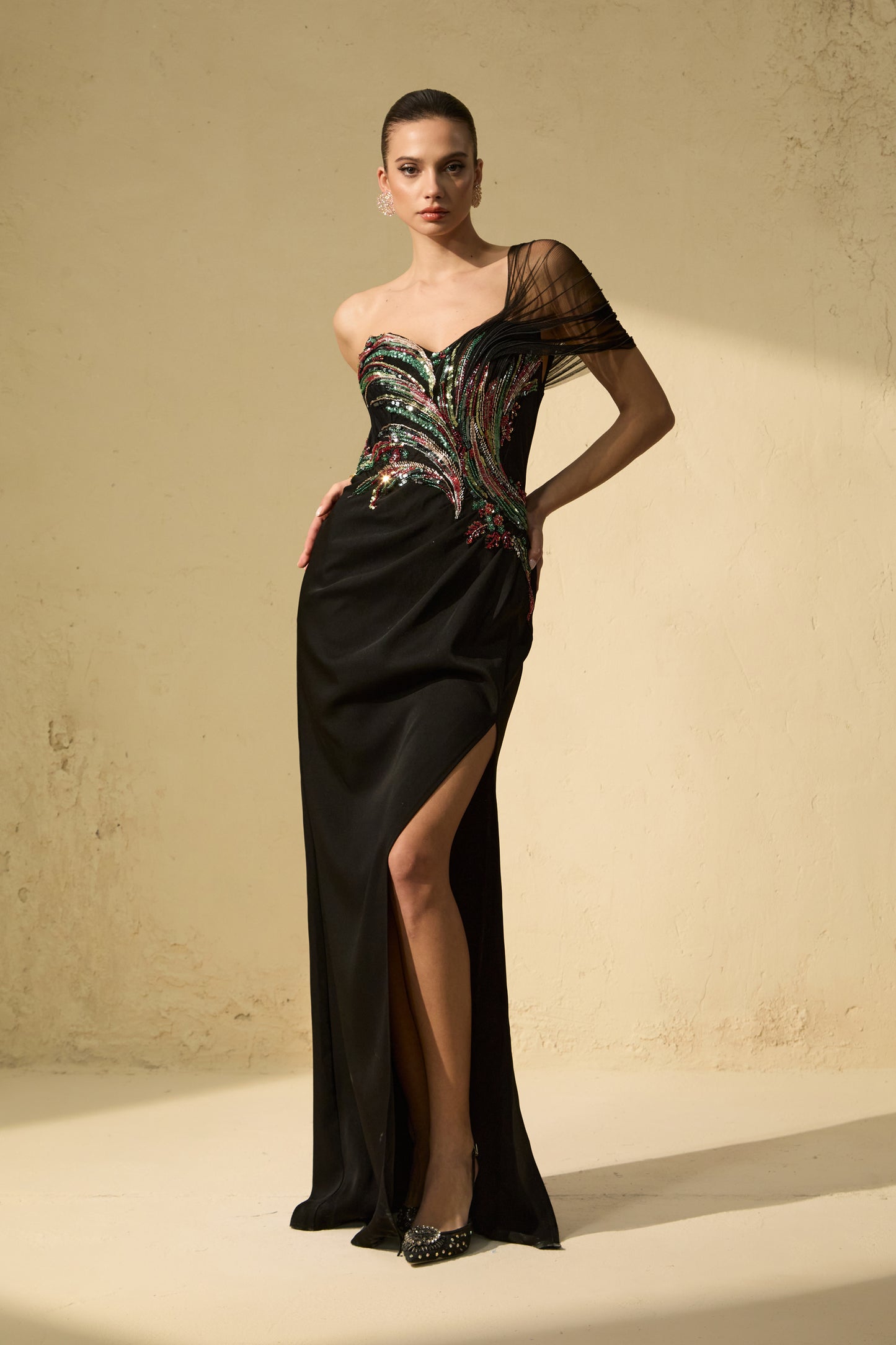 Sophisticated Black One-Shoulder Embellished Maxi Dress