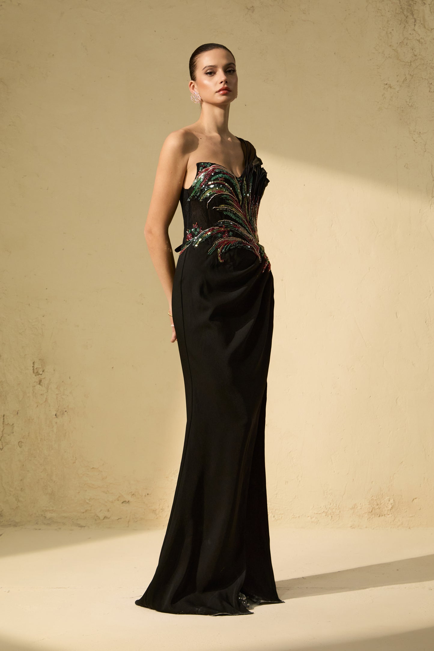 Sophisticated Black One-Shoulder Embellished Maxi Dress