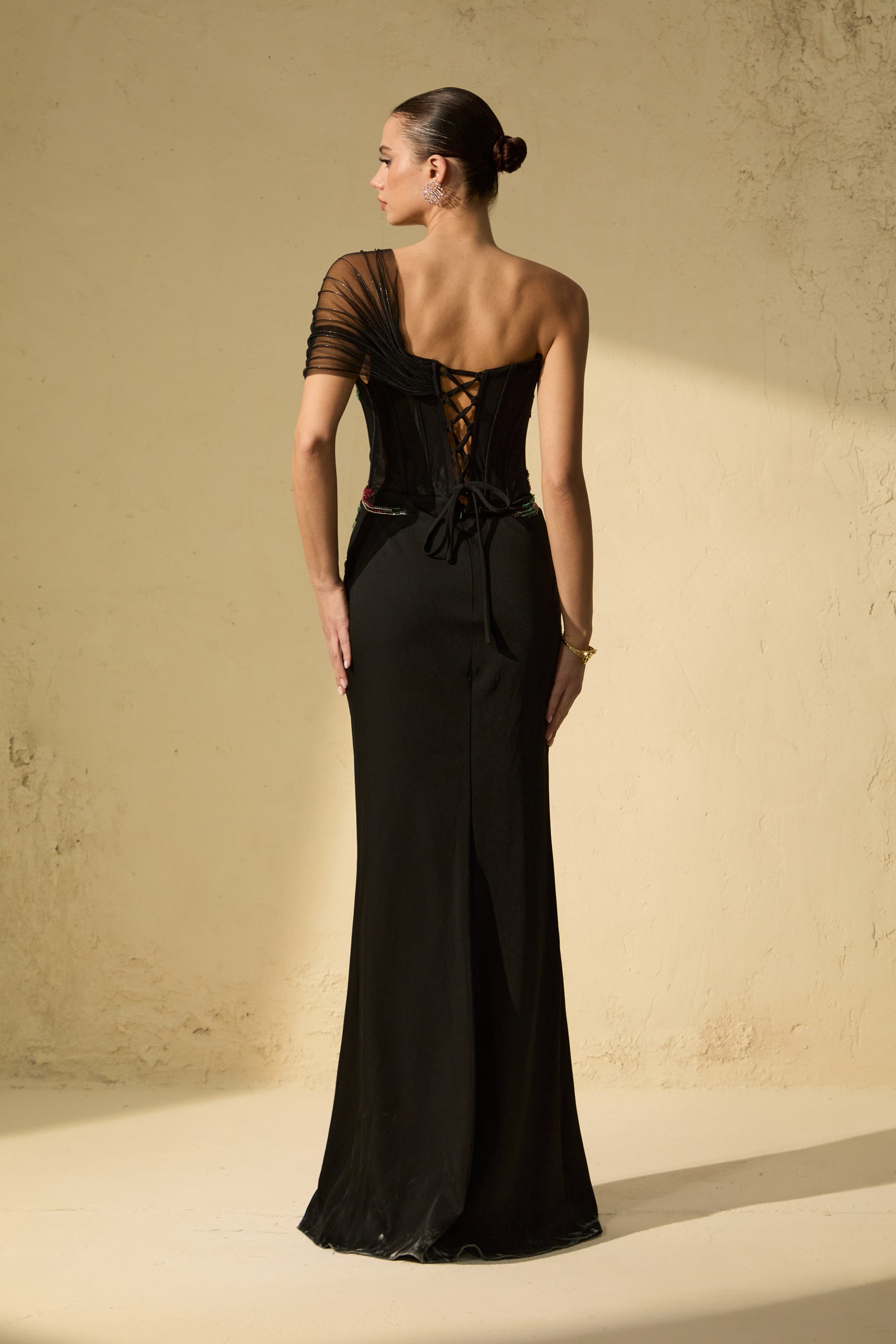 Sophisticated Black One-Shoulder Embellished Maxi Dress