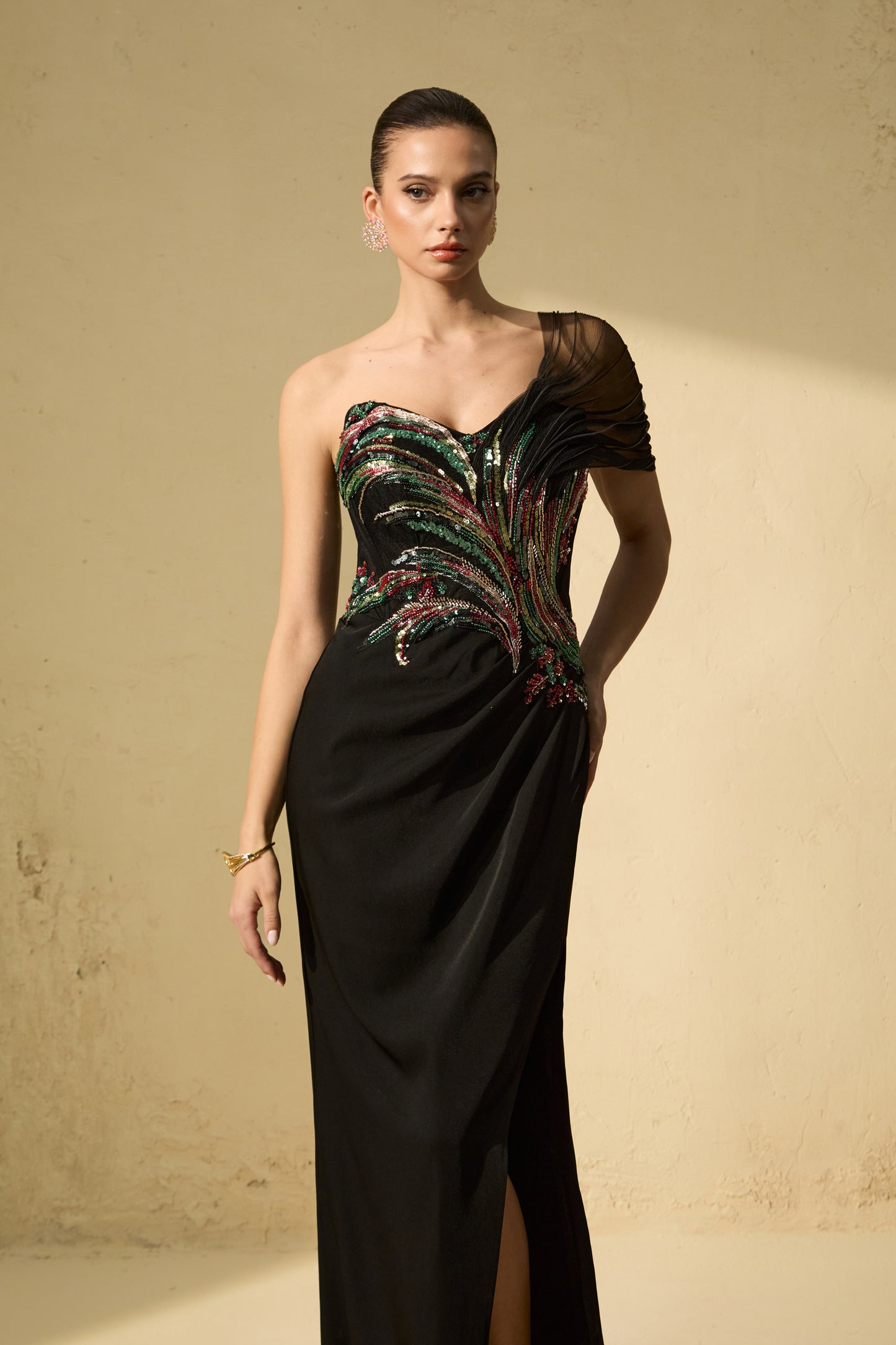 Sophisticated Black One-Shoulder Embellished Maxi Dress