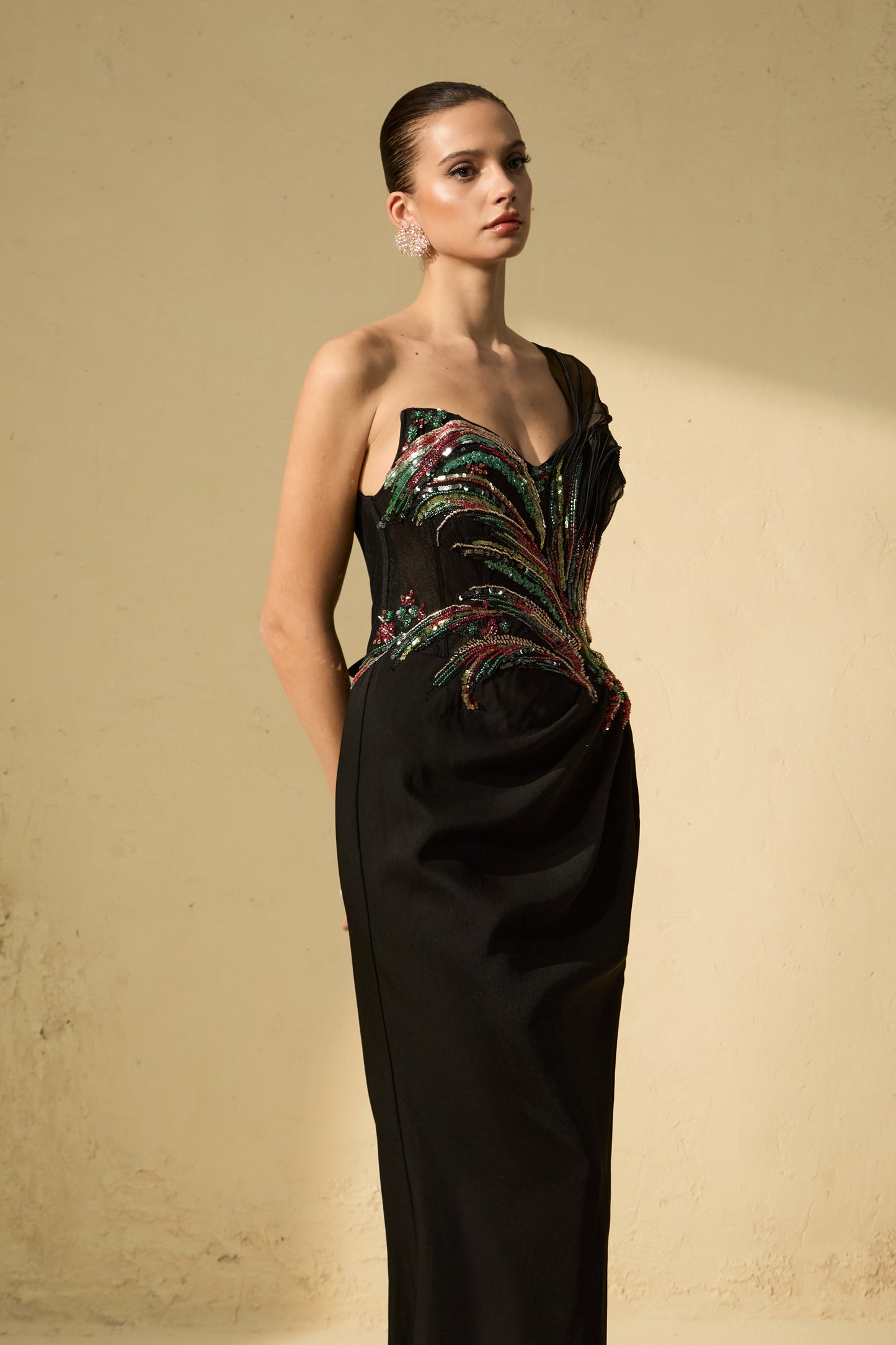 Sophisticated Black One-Shoulder Embellished Maxi Dress