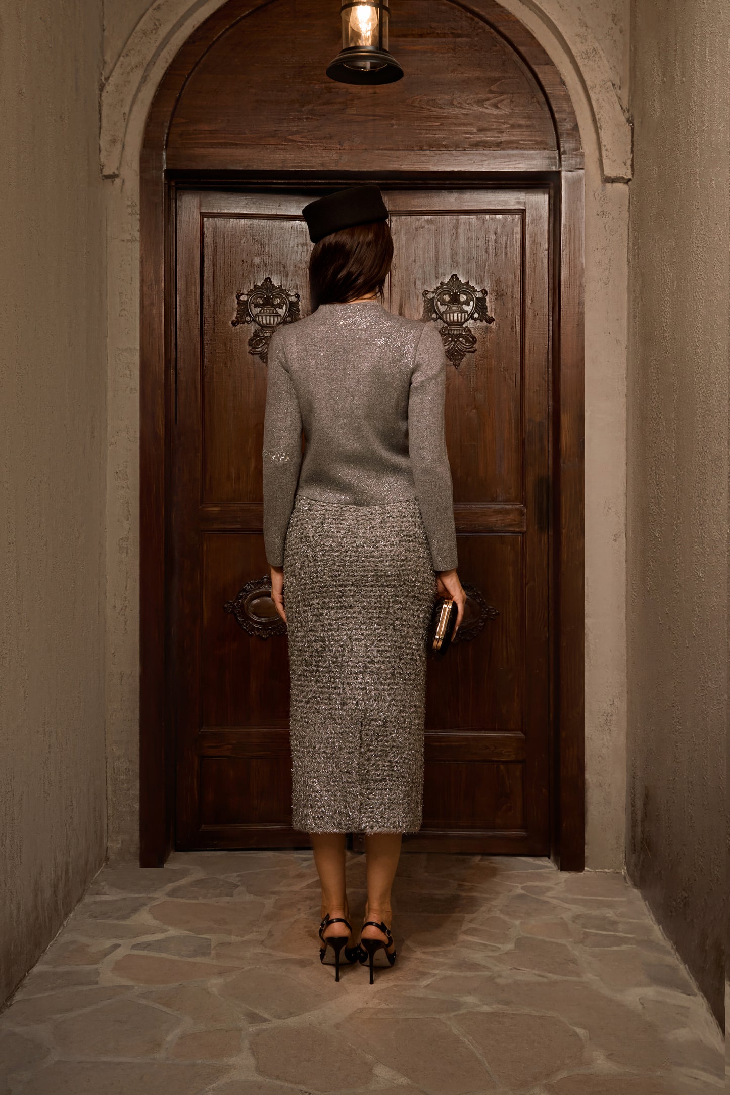 Sophisticated Grey Knit Pencil Midi Skirt