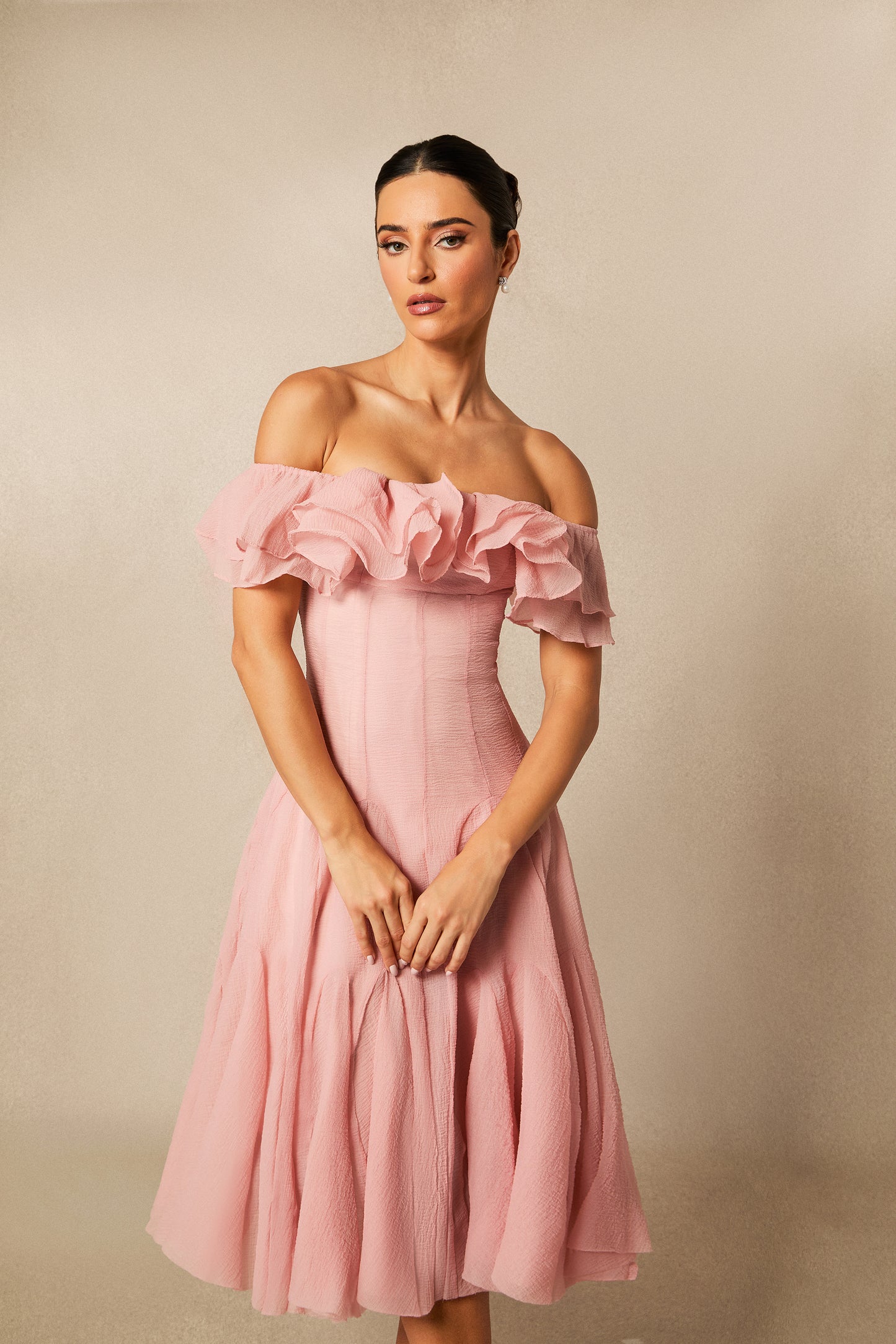 Sophisticated Off-Shoulder Ruffle Midi Dress