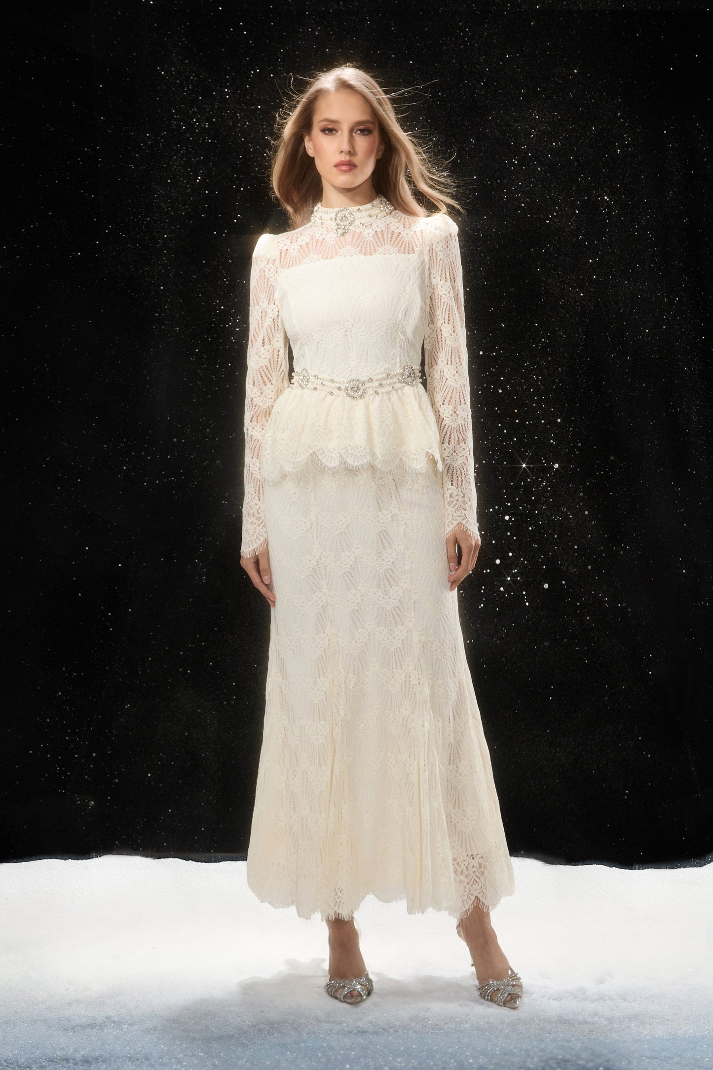 Sophisticated Pearl-Embellished Lace Top & Skirt Set