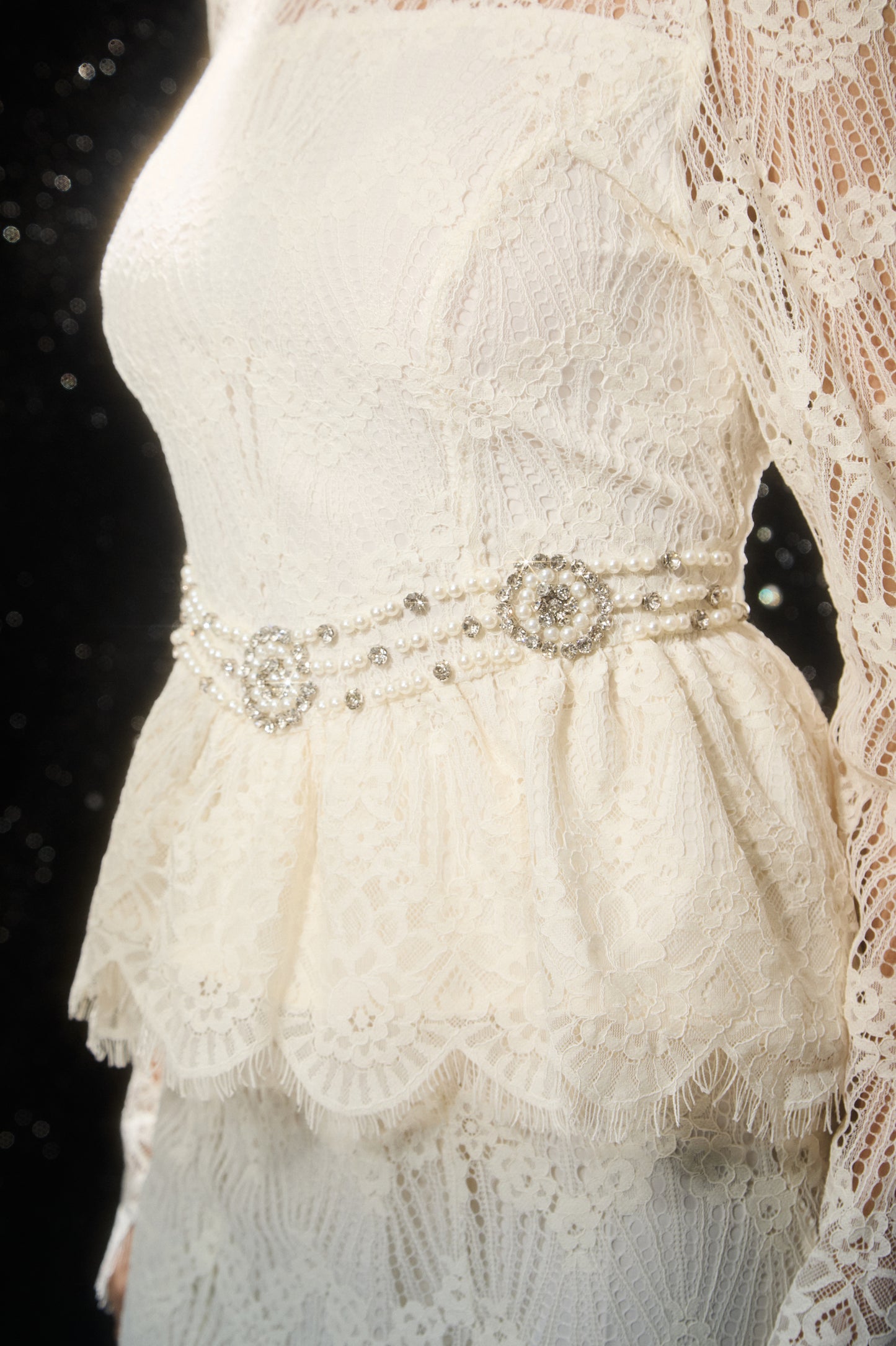Sophisticated Pearl-Embellished Lace Top & Skirt Set