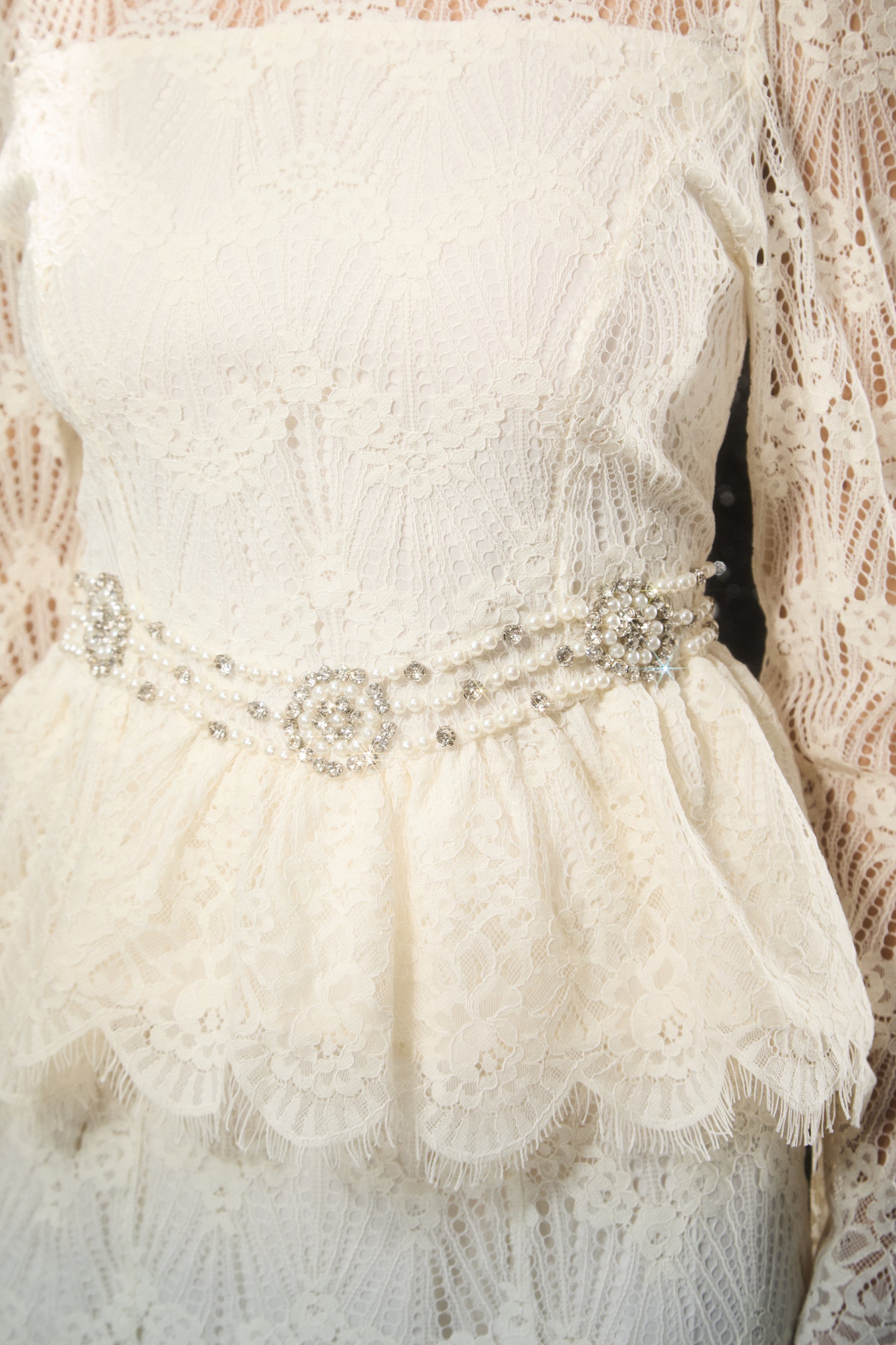 Sophisticated Pearl-Embellished Lace Top & Skirt Set