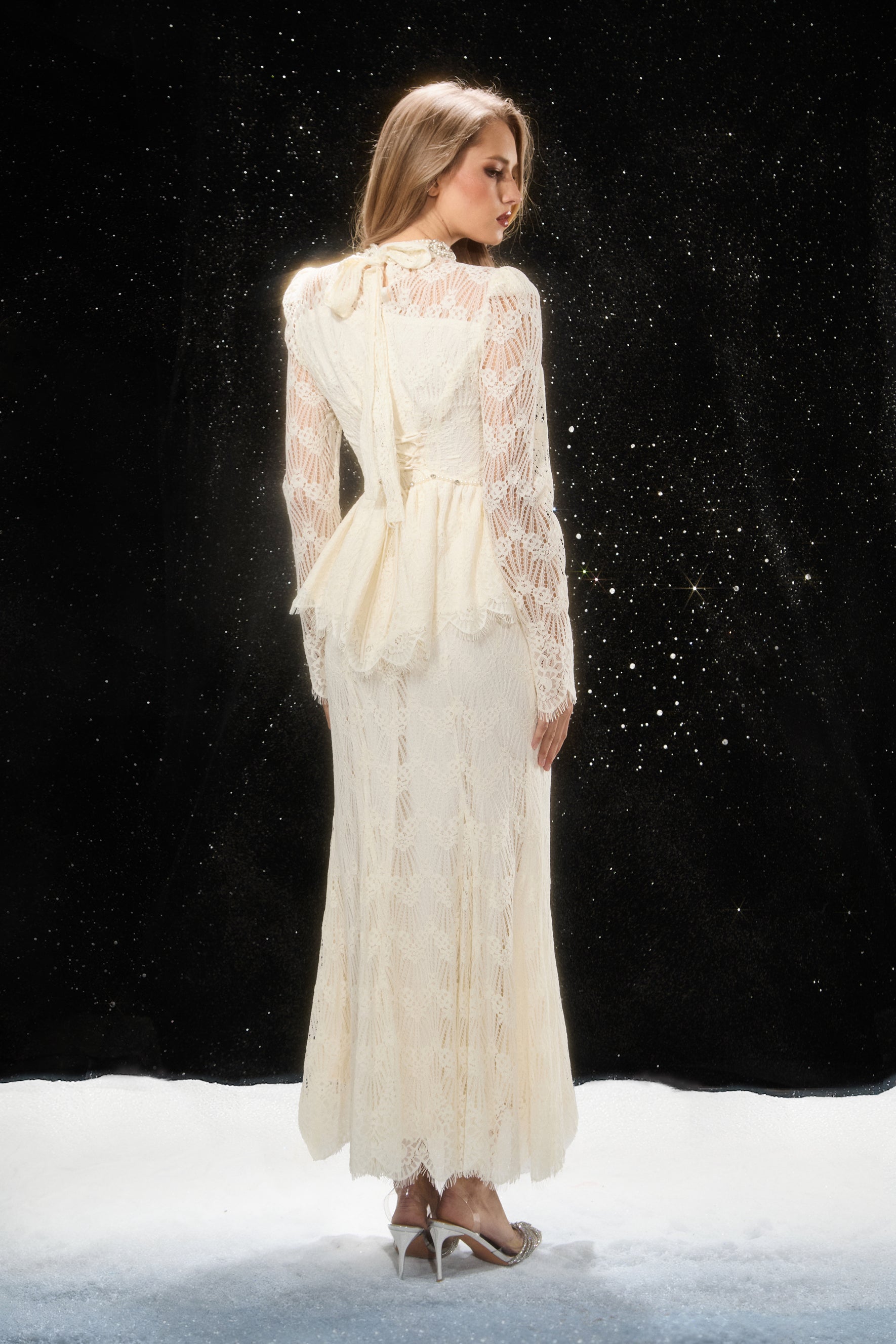 Sophisticated Pearl-Embellished Lace Top & Skirt Set