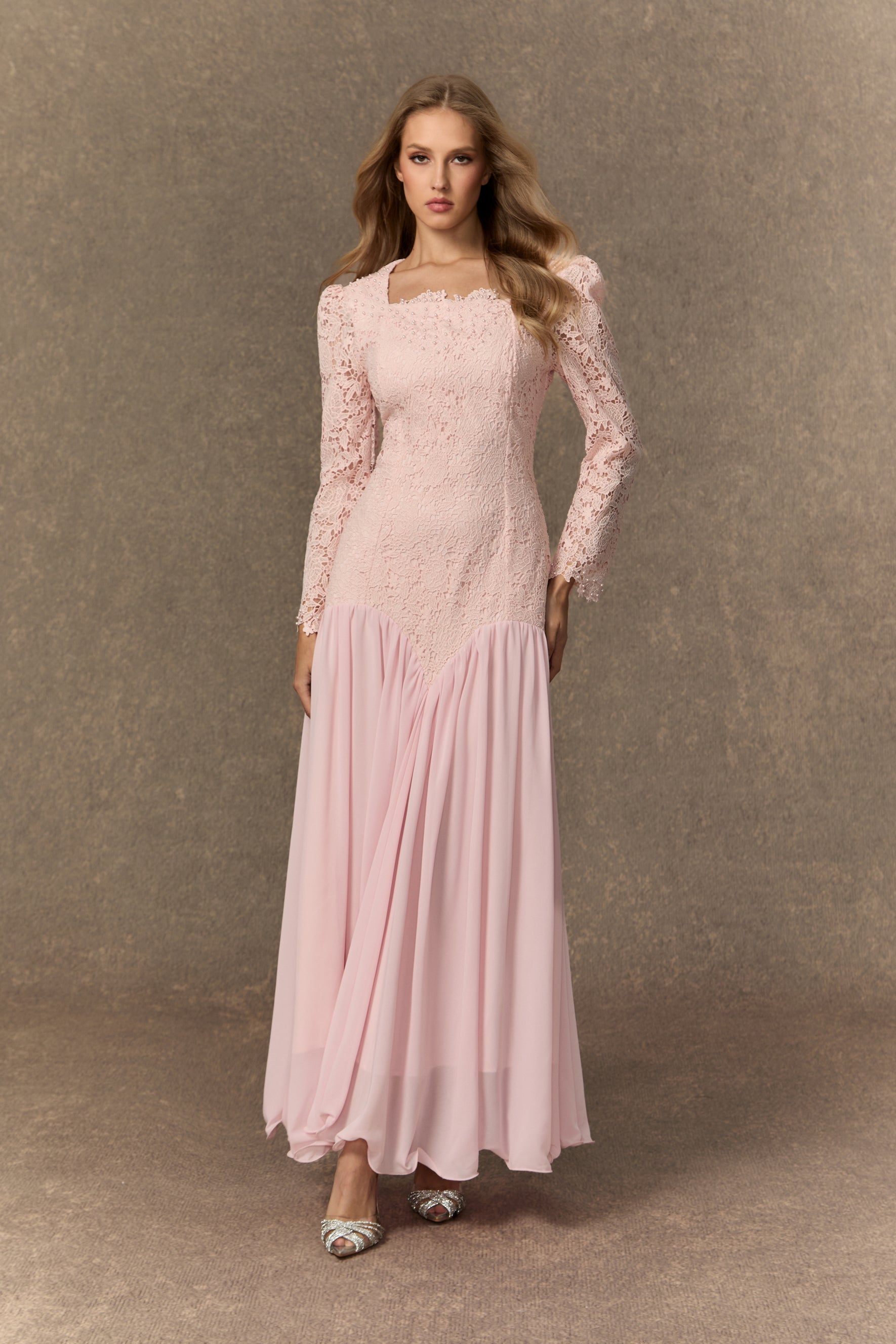 Sophisticated Pink Lace Embroidered Maxi Dress