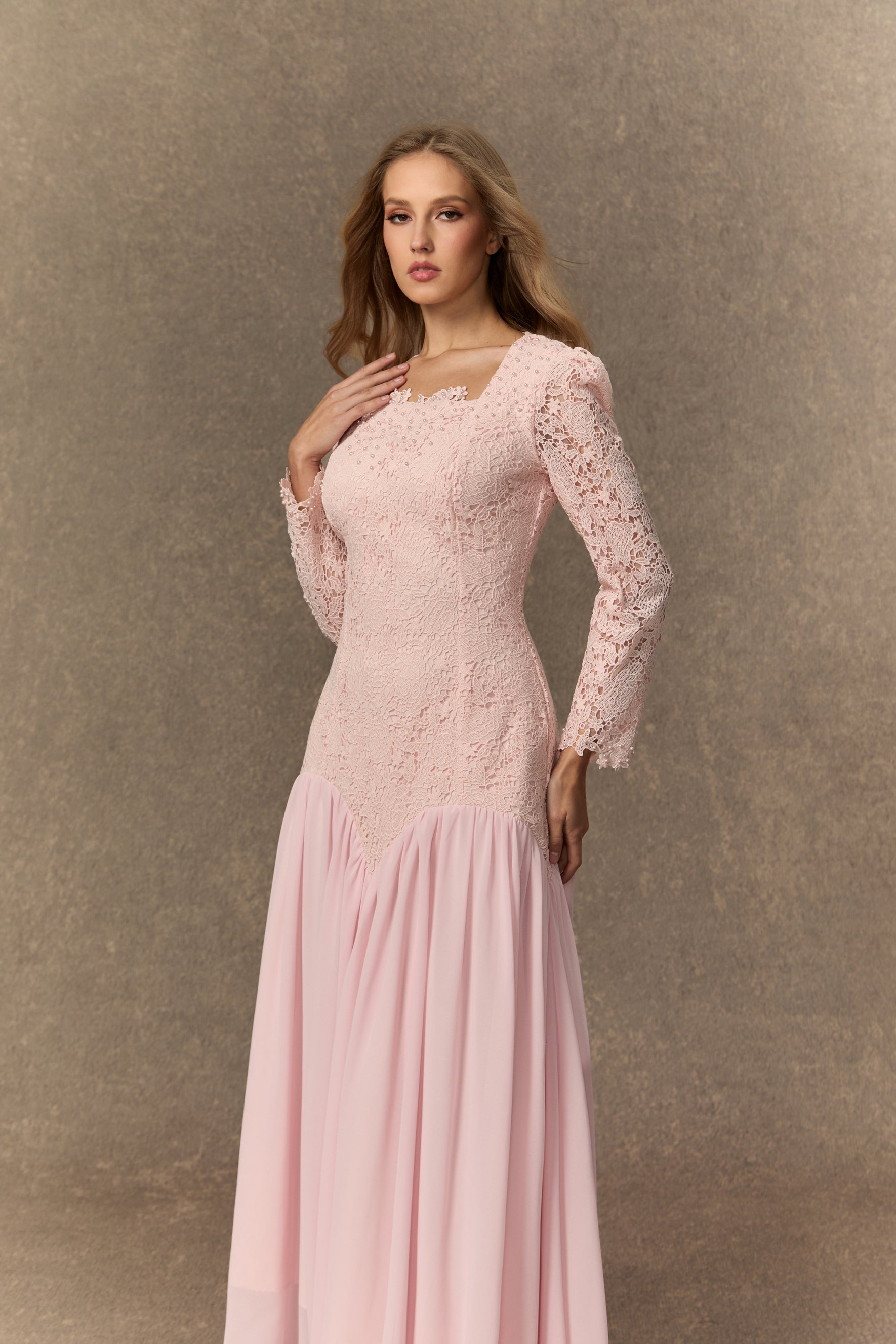 Sophisticated Pink Lace Embroidered Maxi Dress