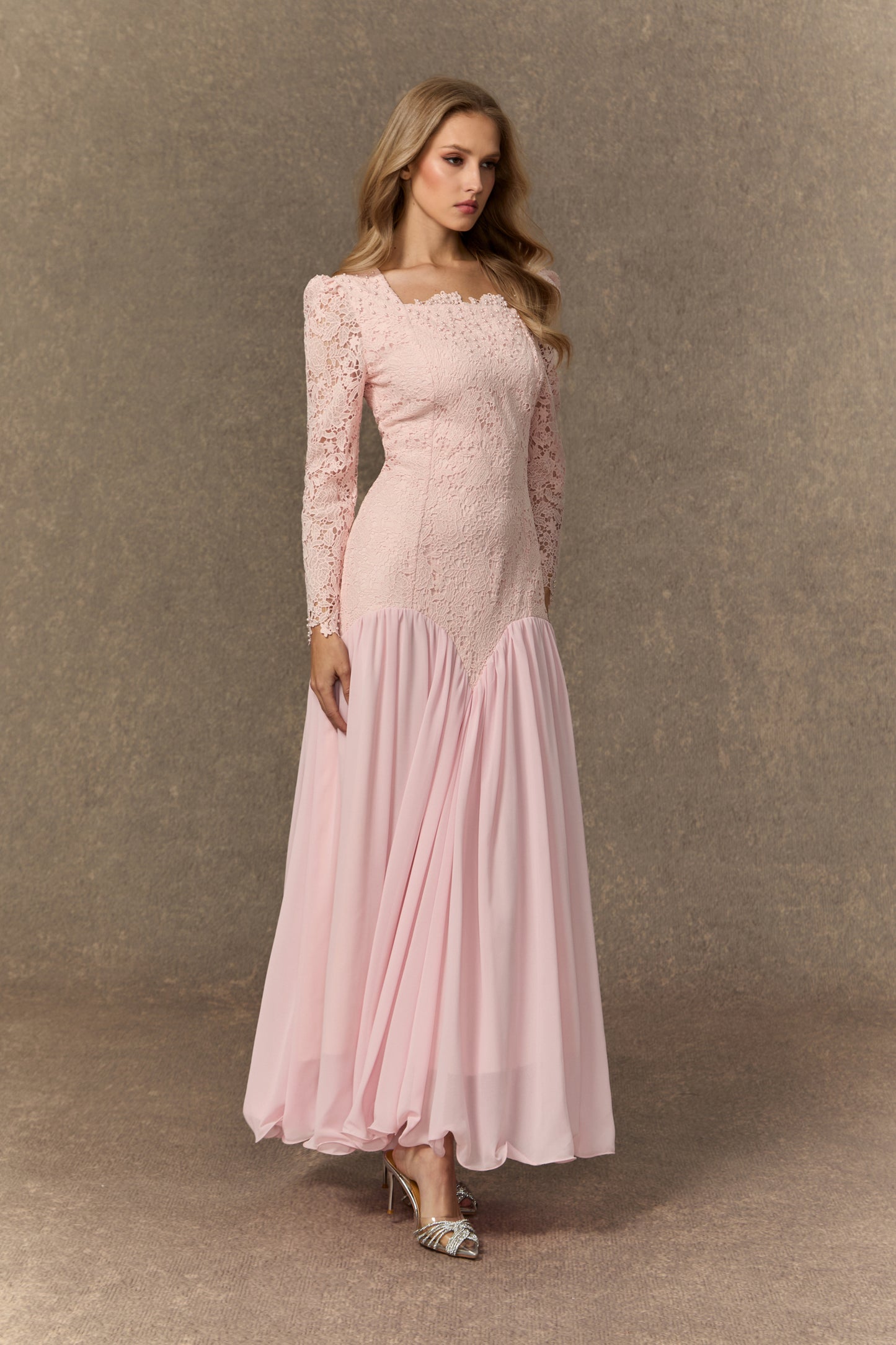 Sophisticated Pink Lace Embroidered Maxi Dress