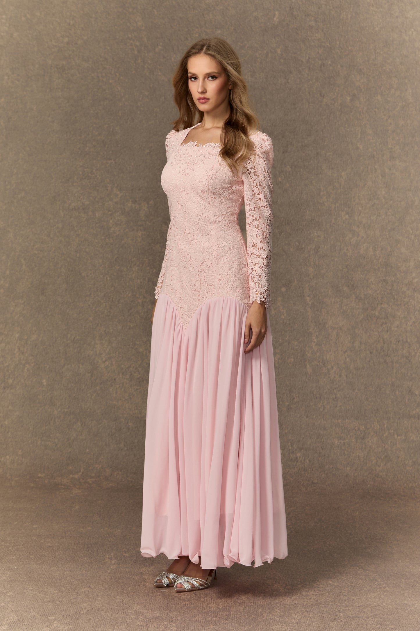 Sophisticated Pink Lace Embroidered Maxi Dress