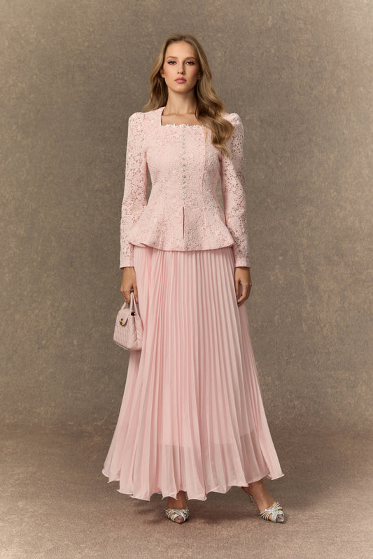 Sophisticated Pink Lace Jacket and Pleated Skirt Set