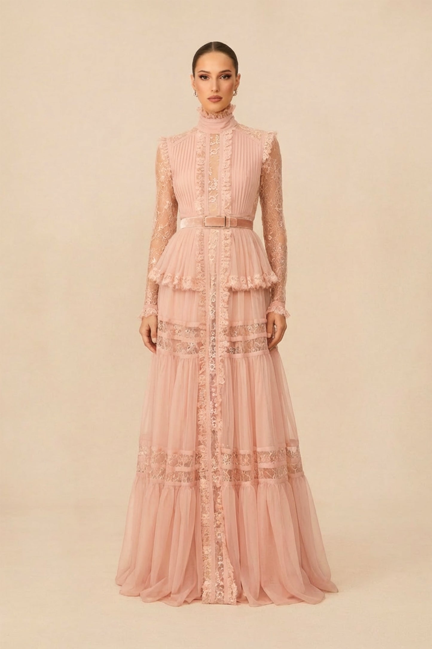 Sophisticated Pink Ruffle-Trim Maxi Dress