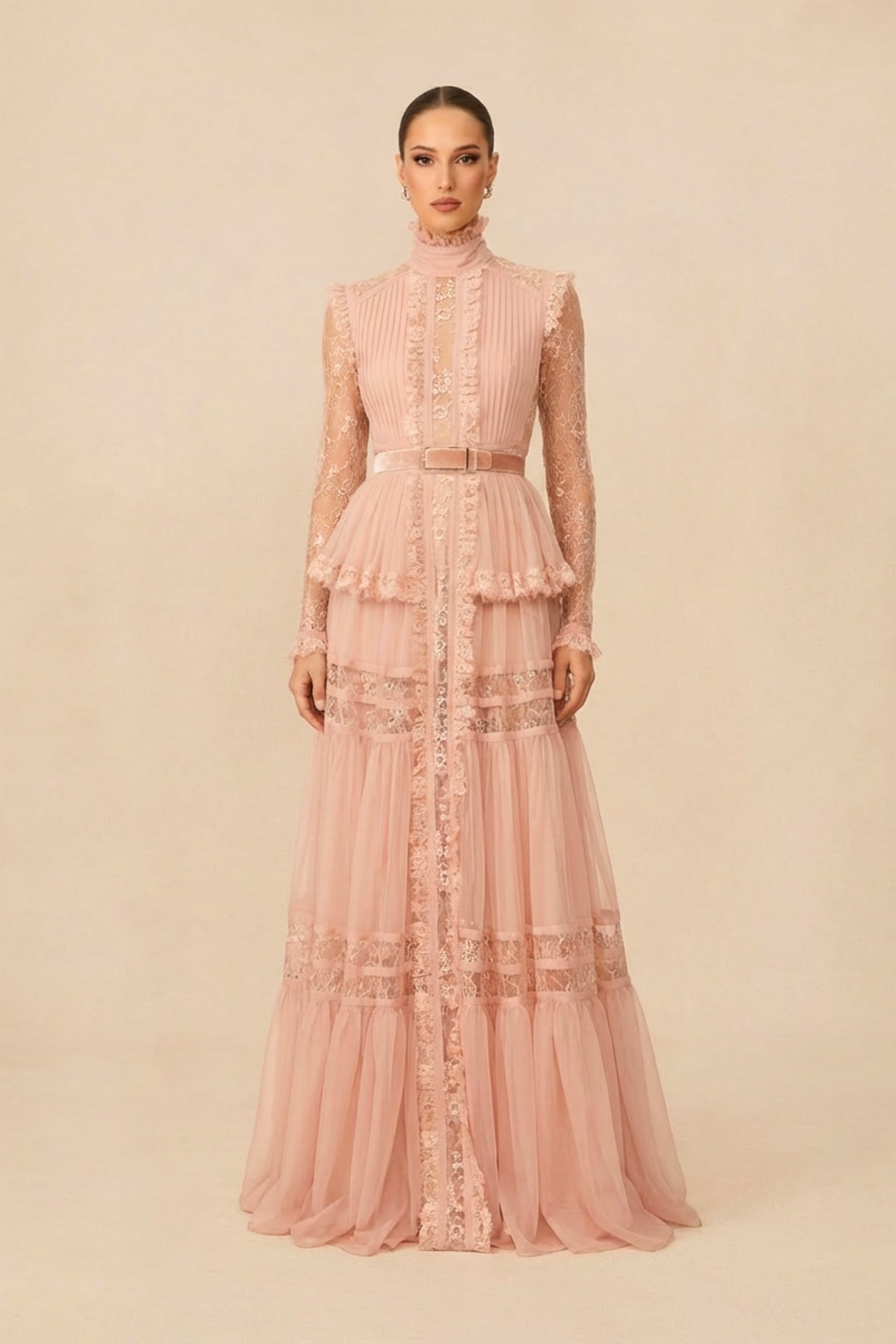 Sophisticated Pink Ruffle-Trim Maxi Dress