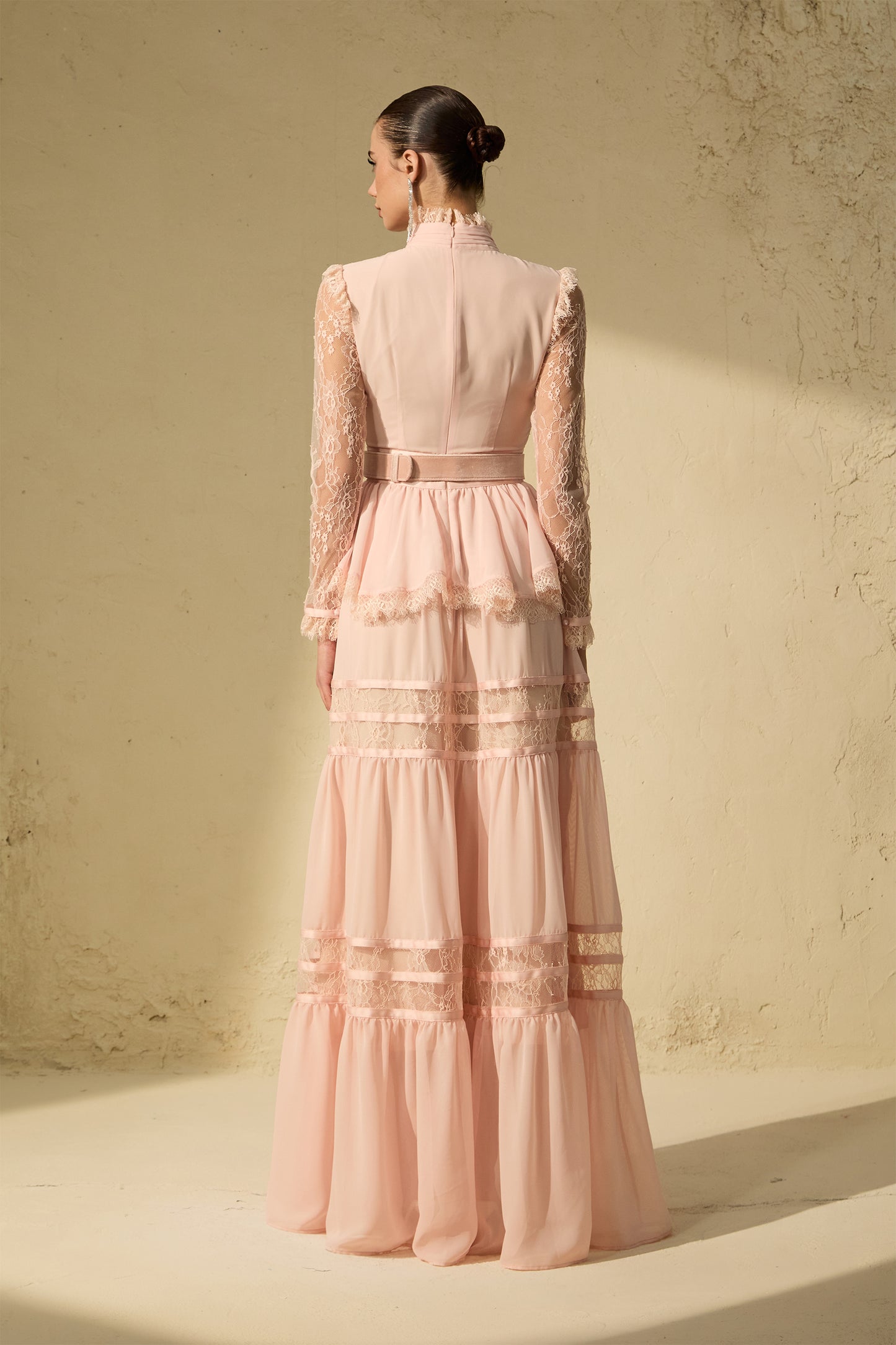 Sophisticated Pink Ruffle-Trim Maxi Dress