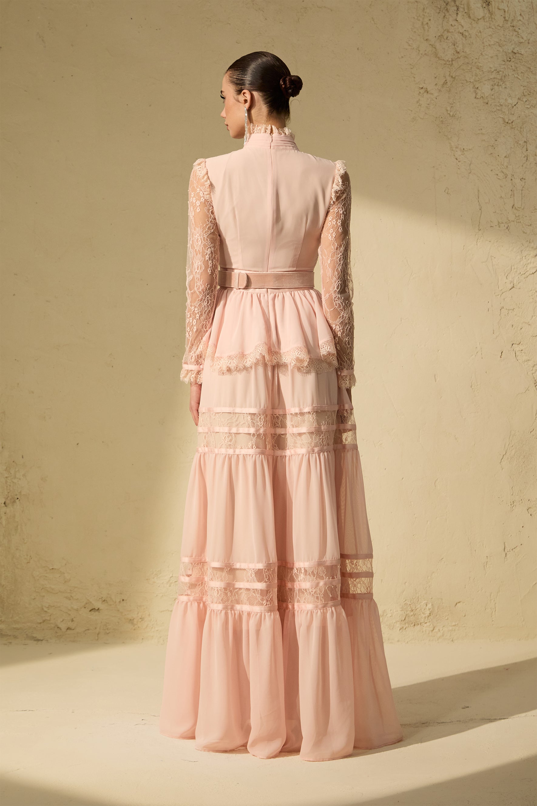 Sophisticated Pink Ruffle-Trim Maxi Dress
