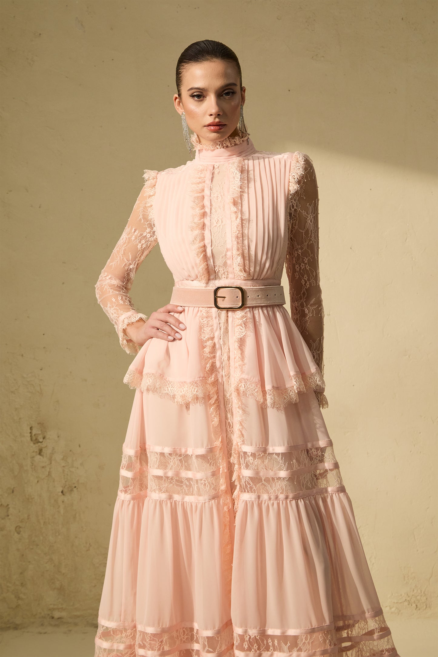 Sophisticated Pink Ruffle-Trim Maxi Dress