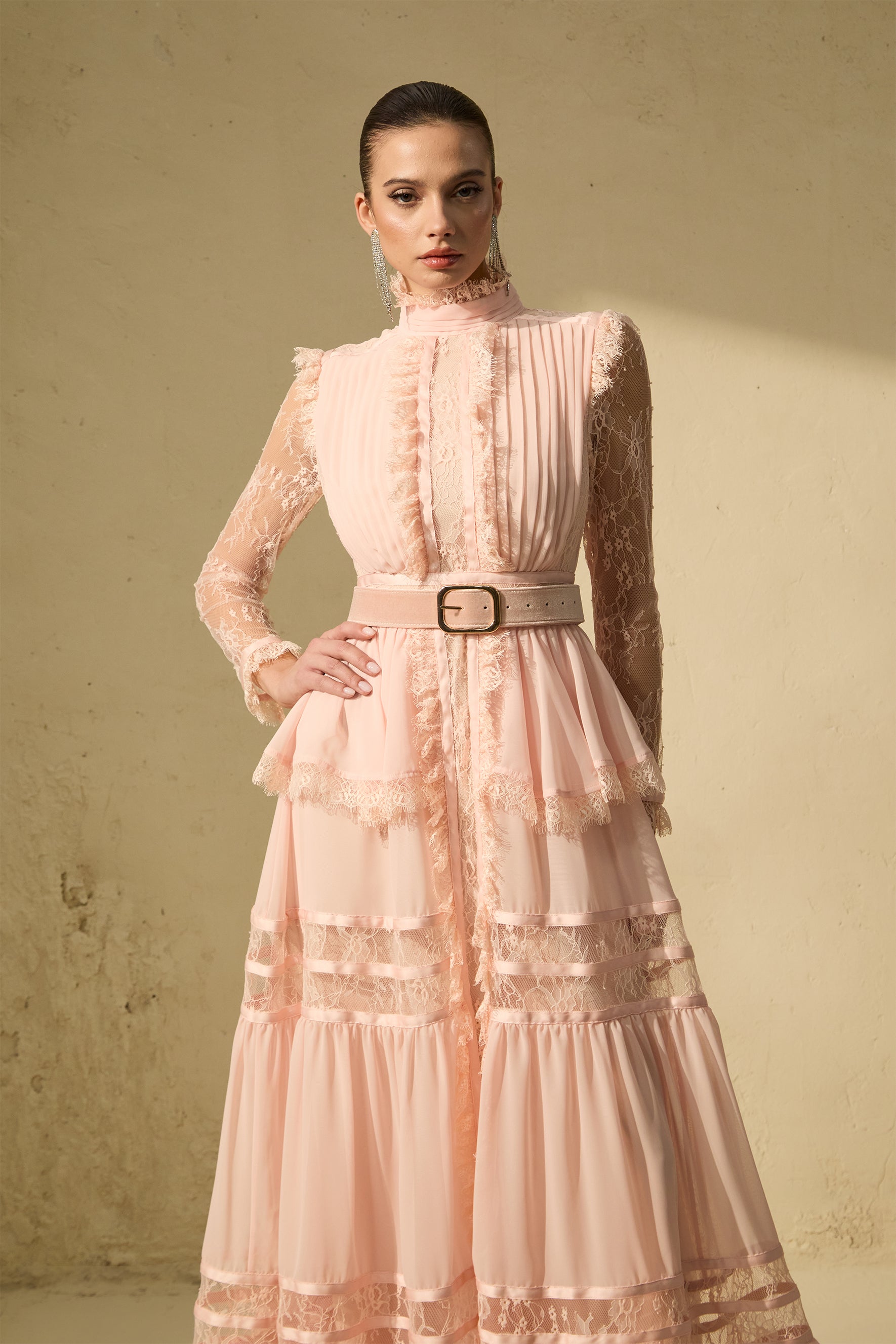 Sophisticated Pink Ruffle-Trim Maxi Dress