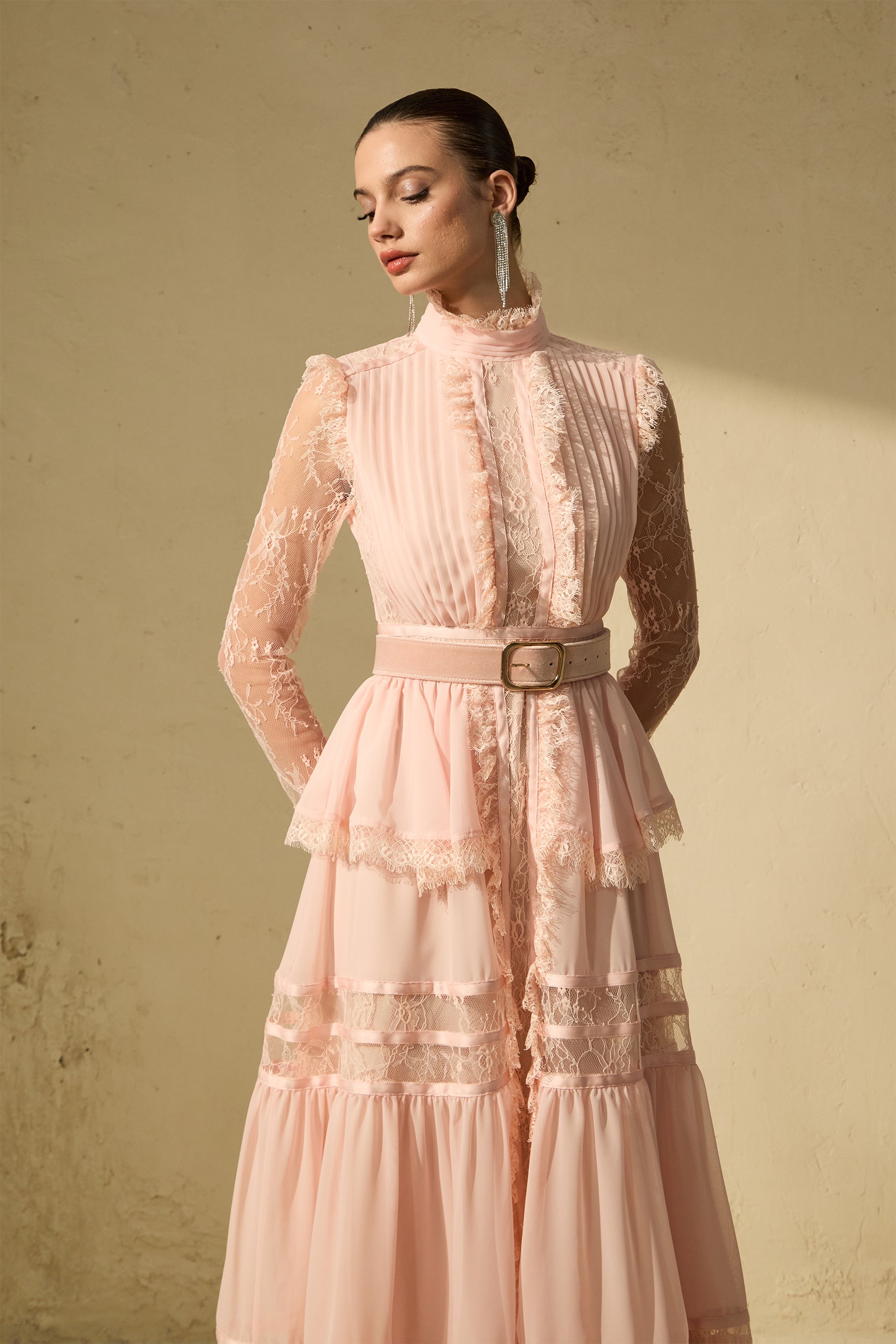 Sophisticated Pink Ruffle-Trim Maxi Dress
