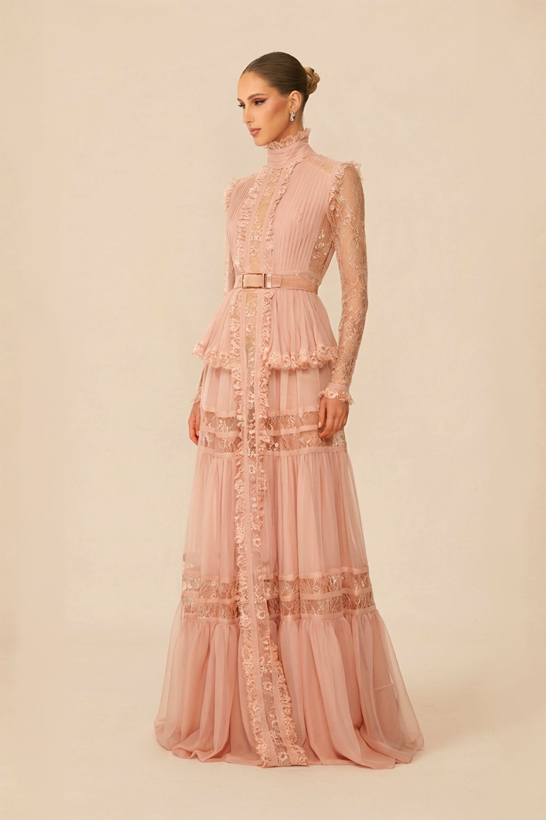 Sophisticated Pink Ruffle-Trim Maxi Dress