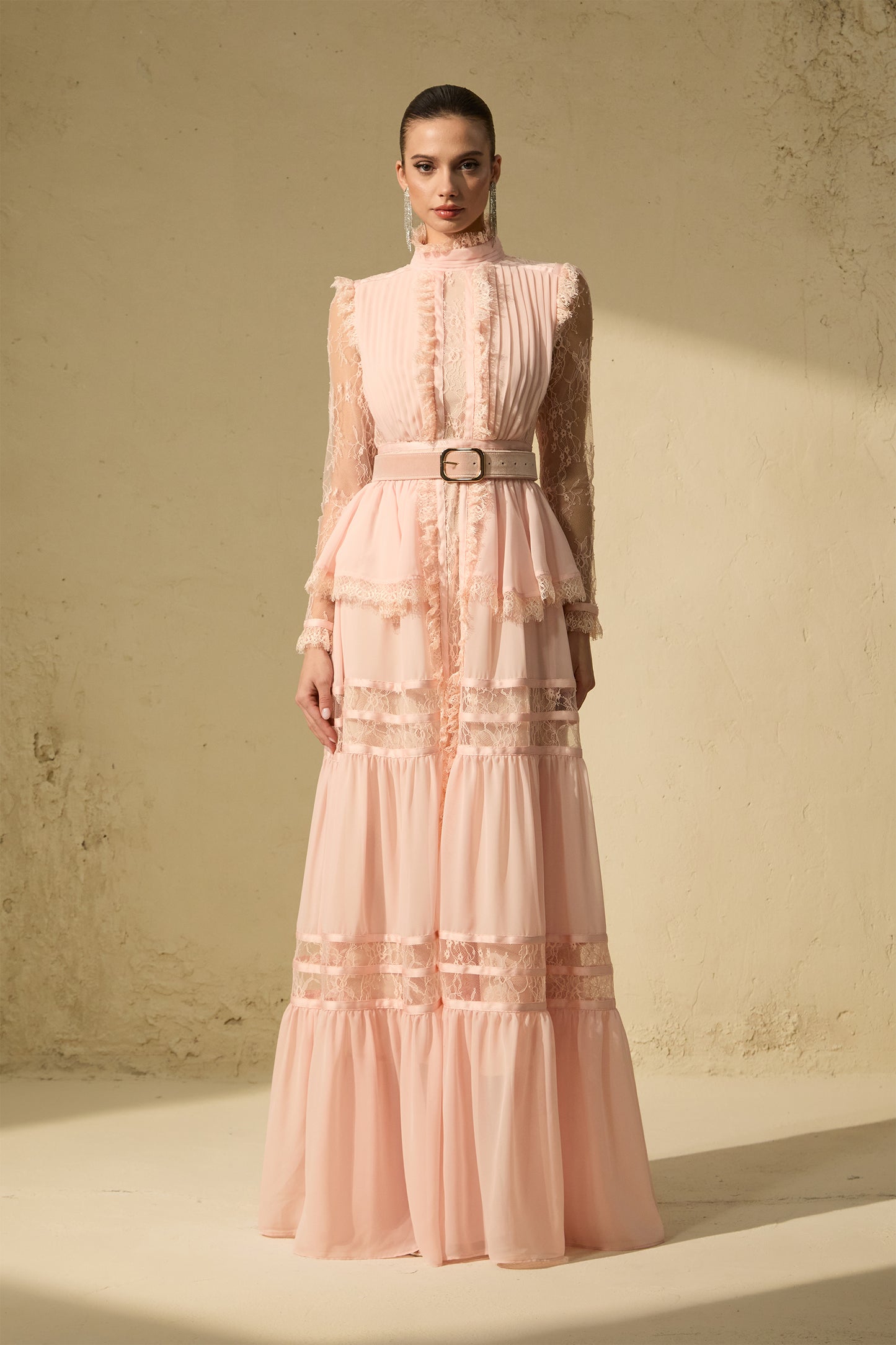 Sophisticated Pink Ruffle-Trim Maxi Dress