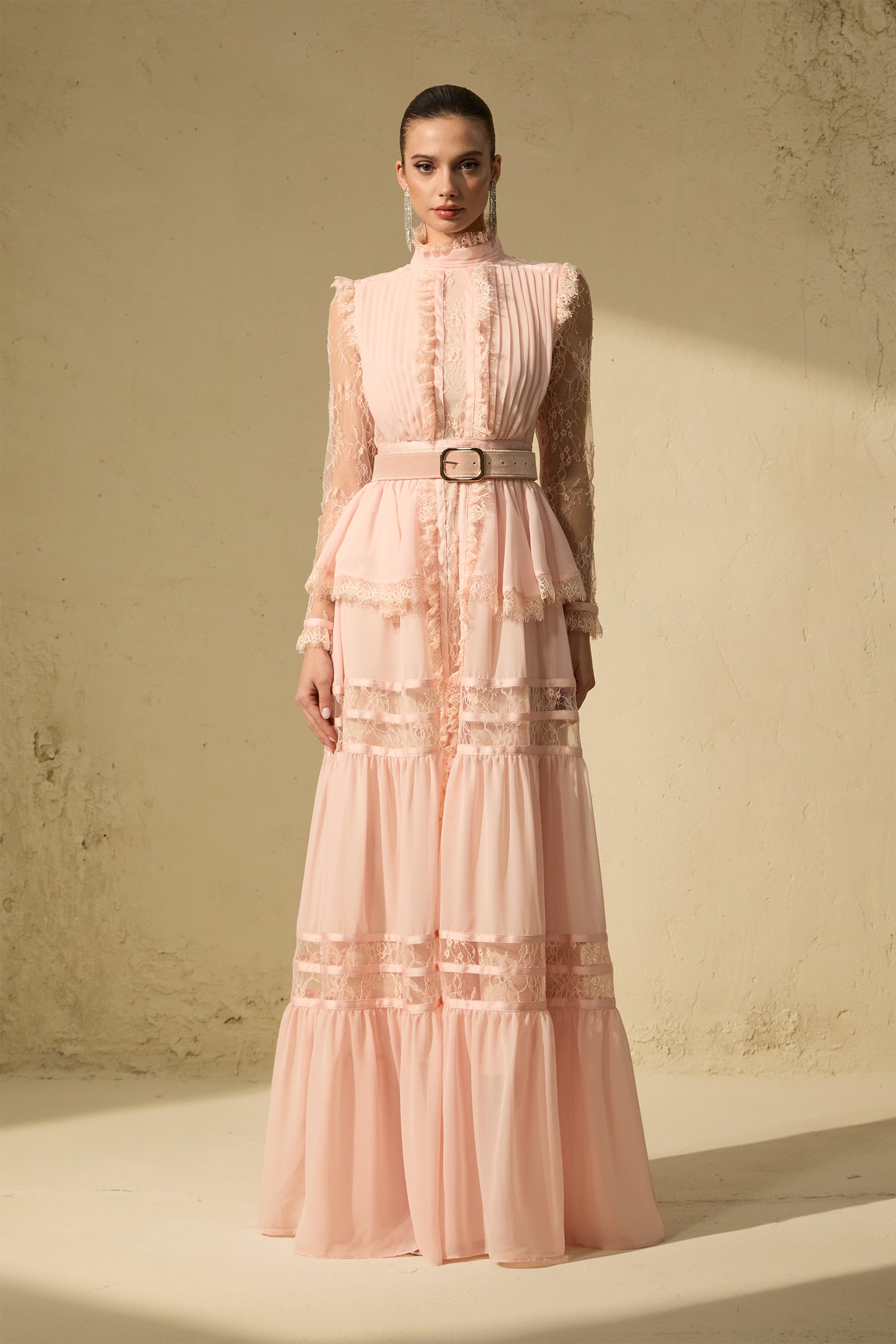 Sophisticated Pink Ruffle-Trim Maxi Dress