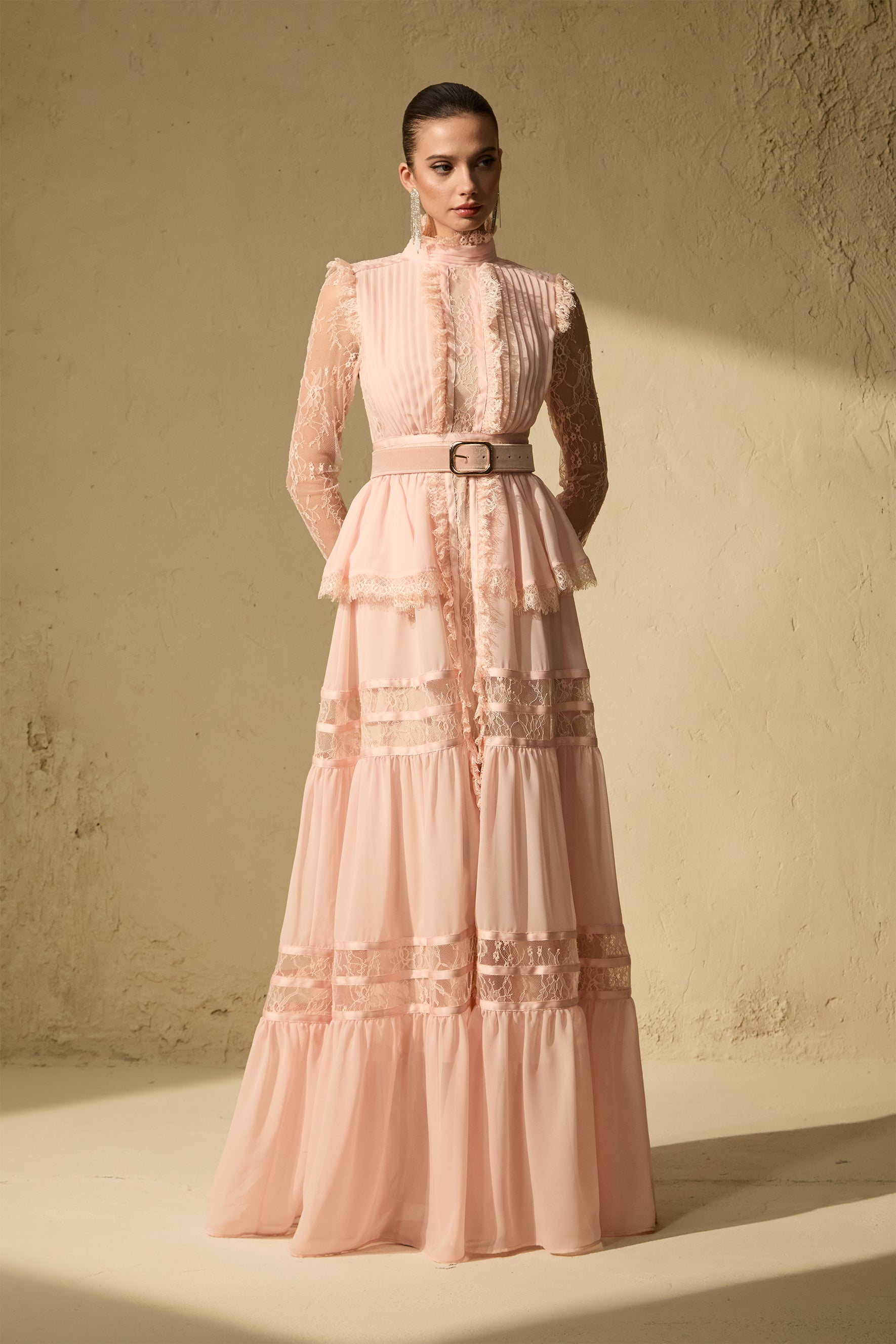 Unique Impression Pink High Neck Ruffled Trim Maxi Dress – OIDRO