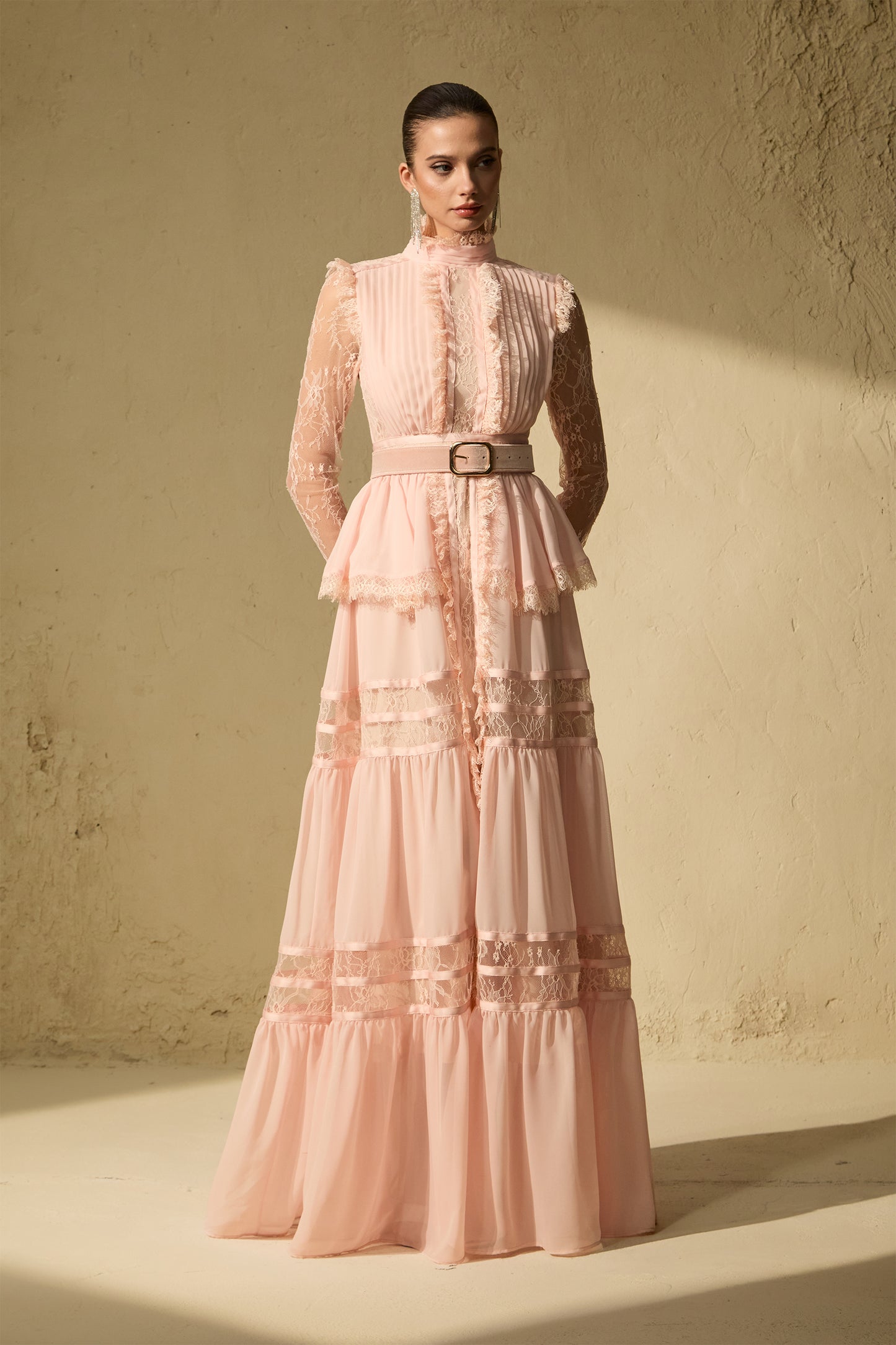 Sophisticated Pink Ruffle-Trim Maxi Dress