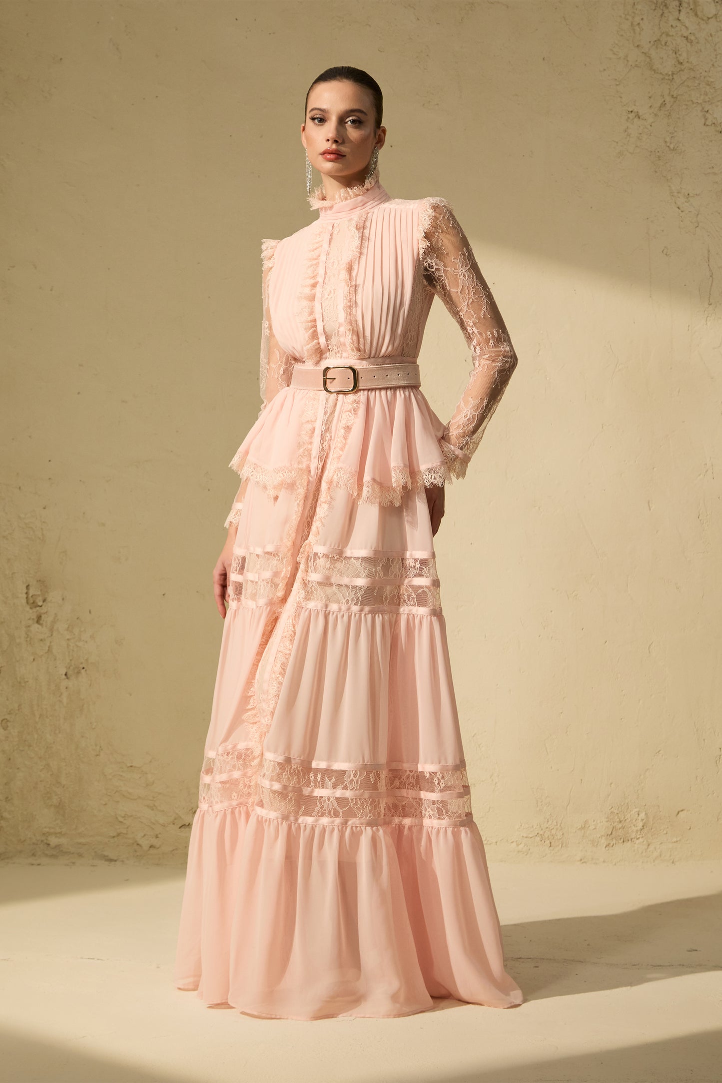 Sophisticated Pink Ruffle-Trim Maxi Dress