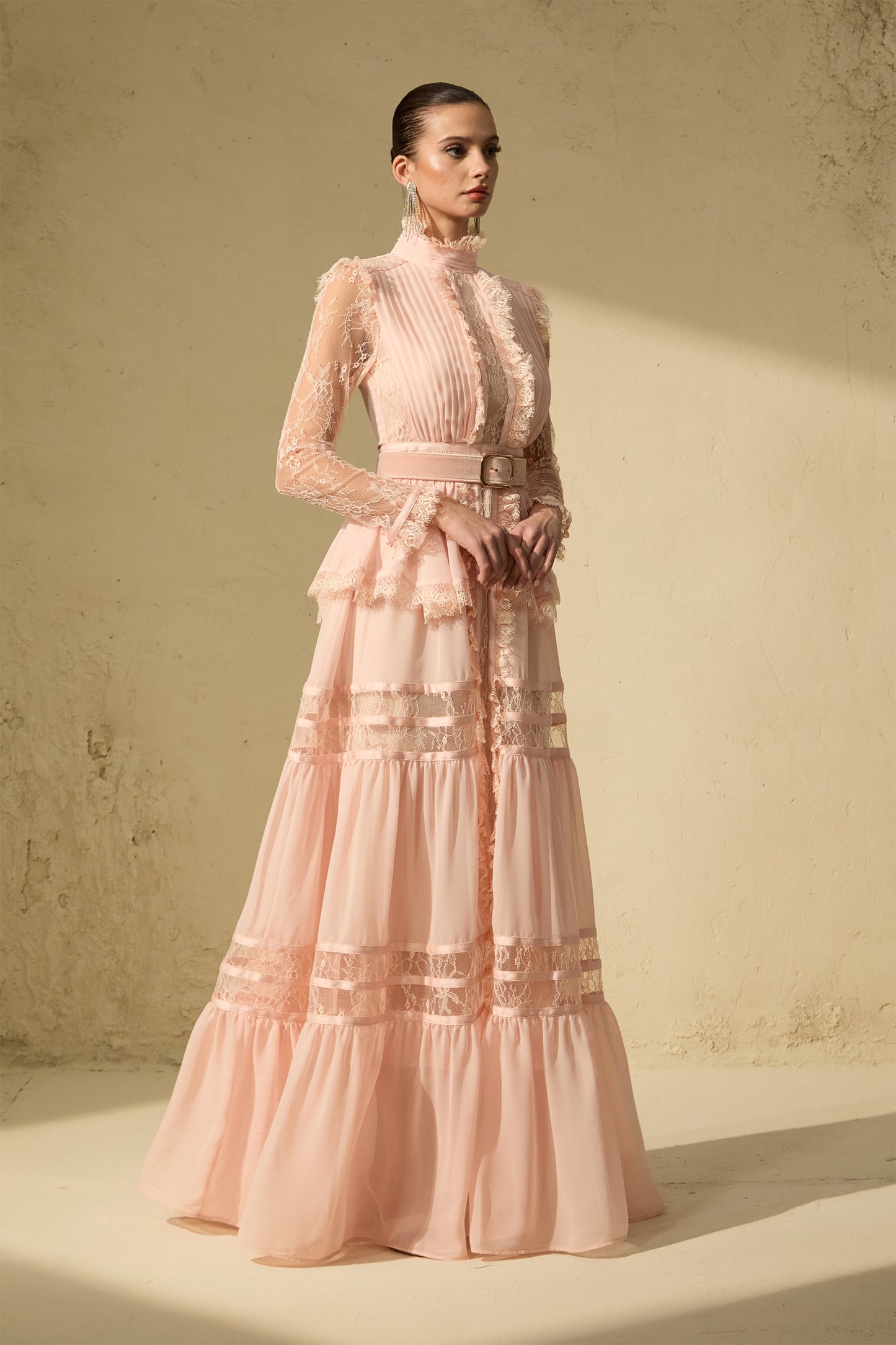 Sophisticated Pink Ruffle-Trim Maxi Dress