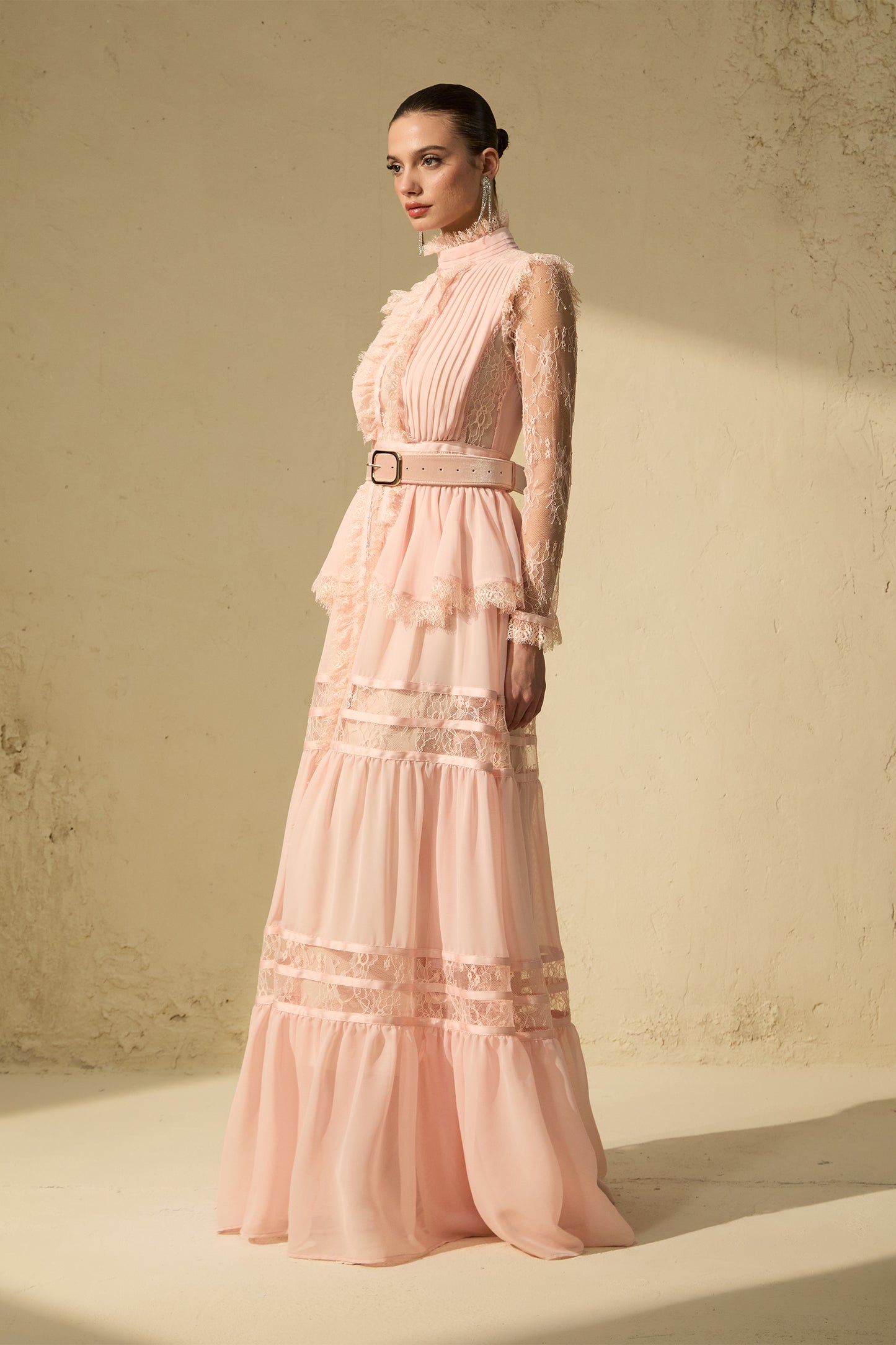 Sophisticated Pink Ruffle-Trim Maxi Dress