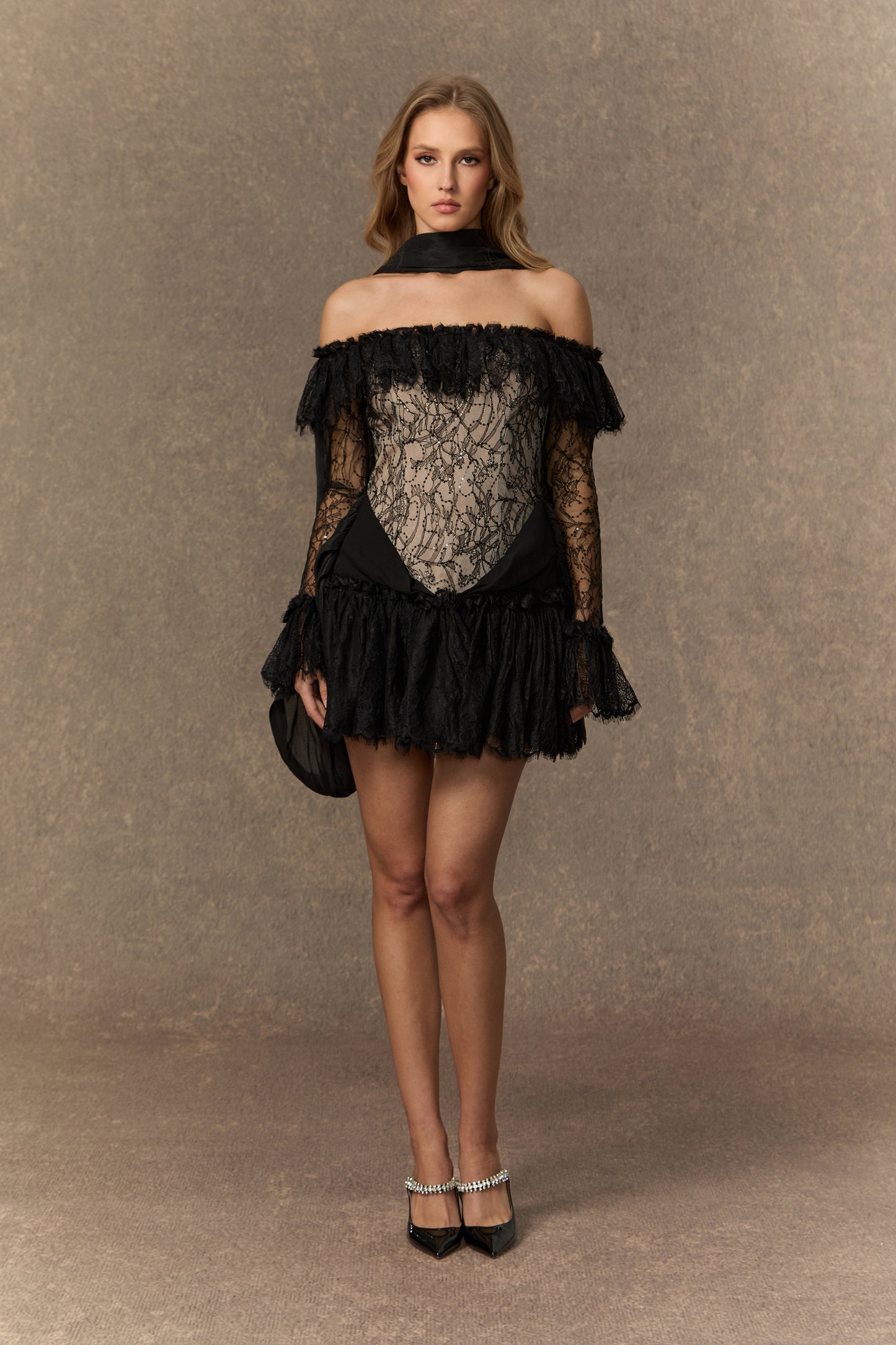 Sultry Black Lace Off-Shoulder Mini Dress