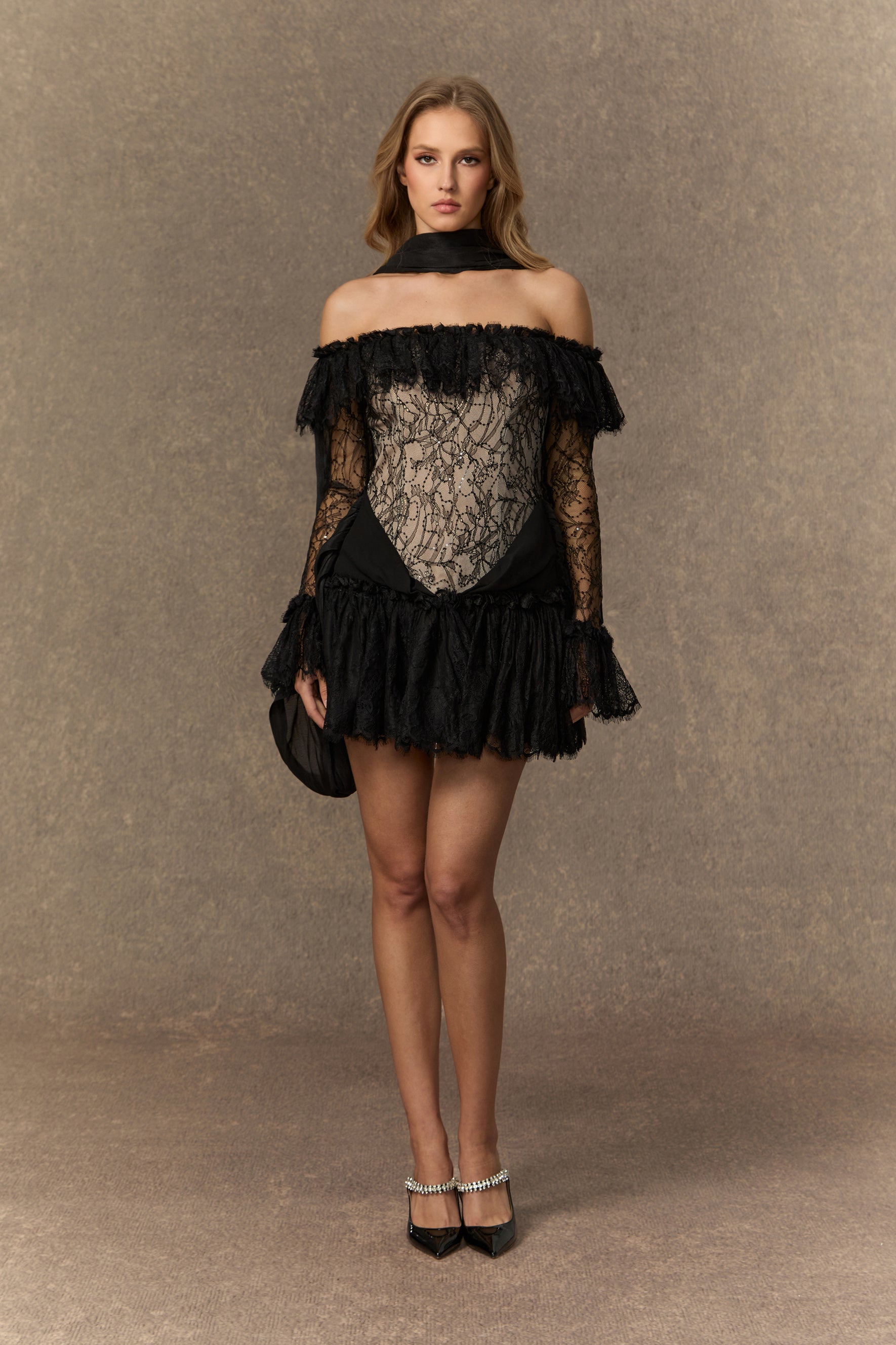 Sultry Black Lace Off-Shoulder Mini Dress
