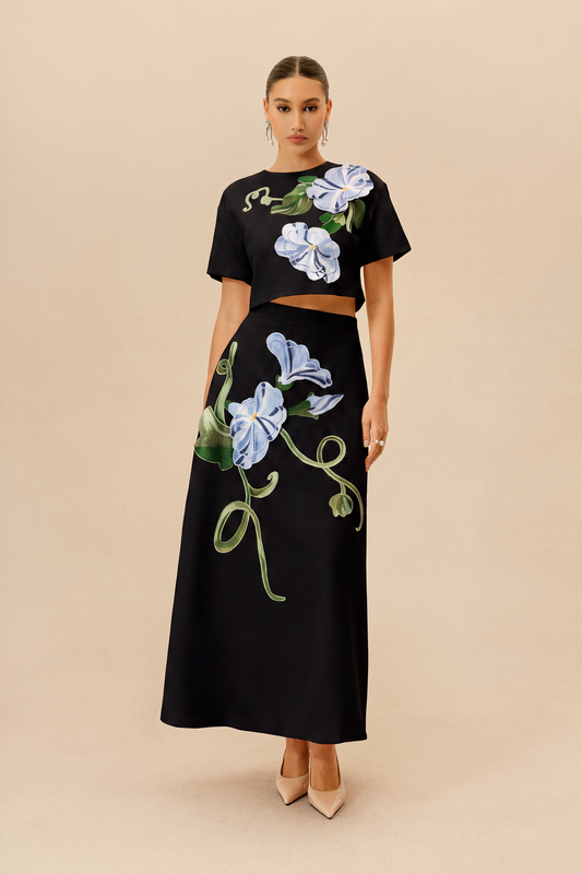 Black Floral Applique Cropped Top & Midi Skirt Set