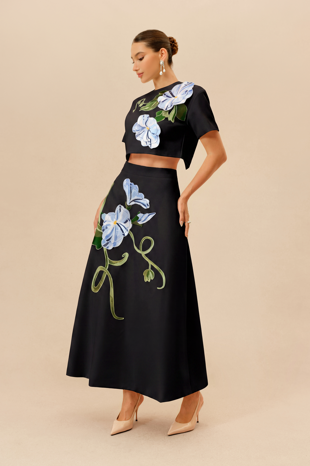 Black Floral Applique Cropped Top & Midi Skirt Set