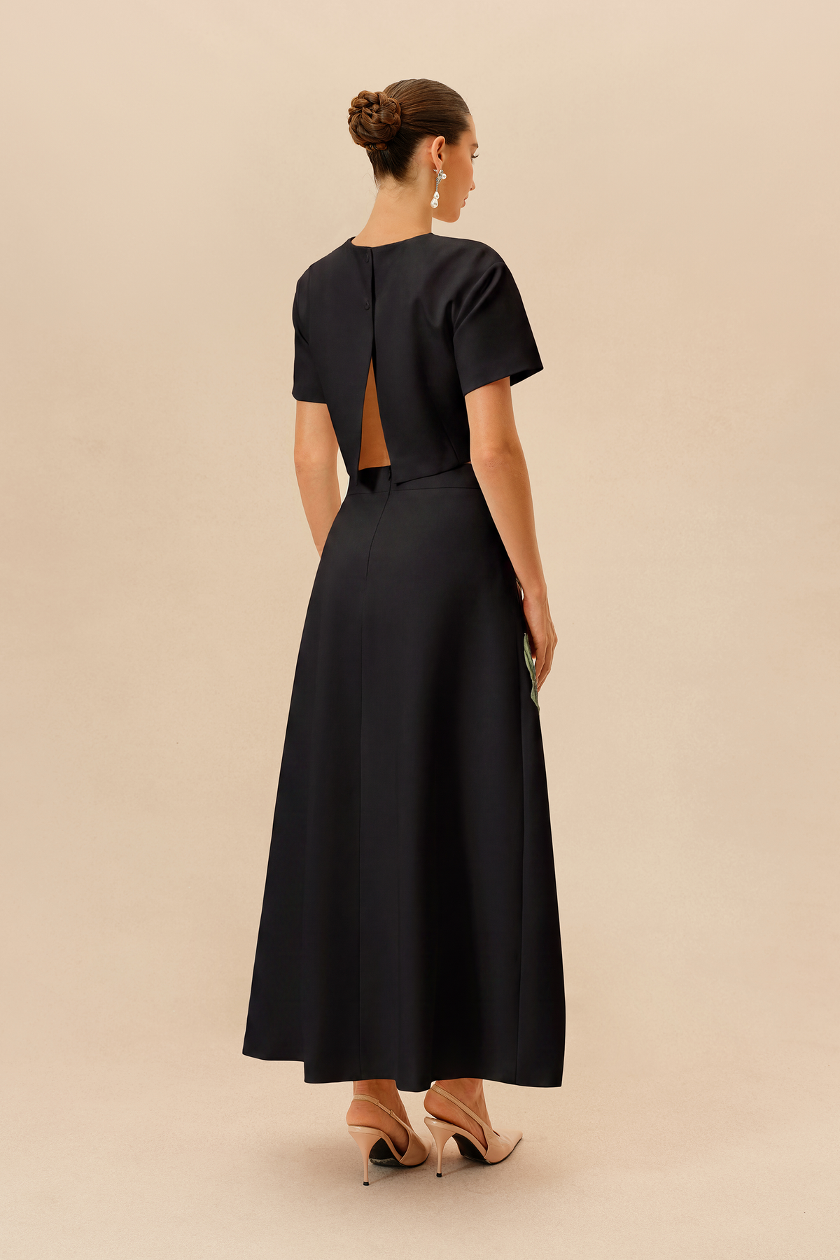 Black Floral Applique Cropped Top & Midi Skirt Set