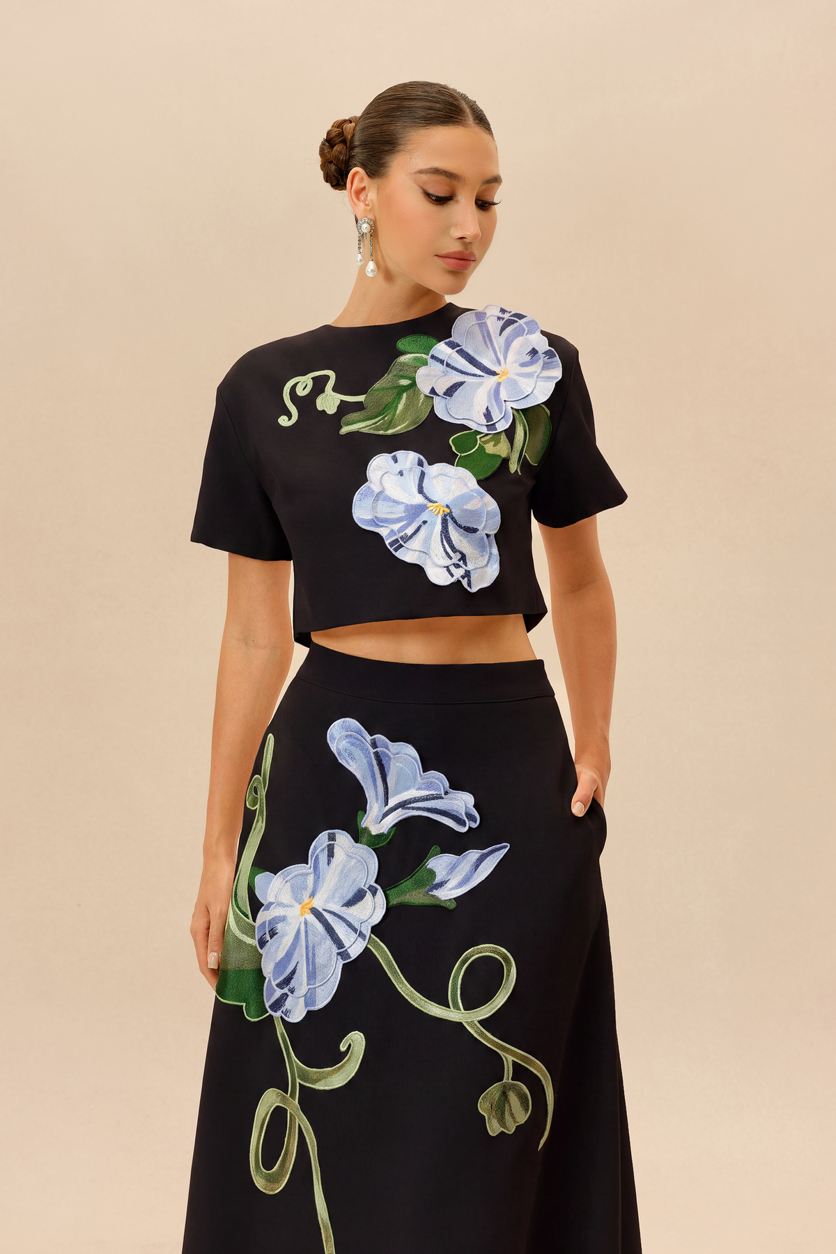 Black Floral Applique Cropped Top & Midi Skirt Set