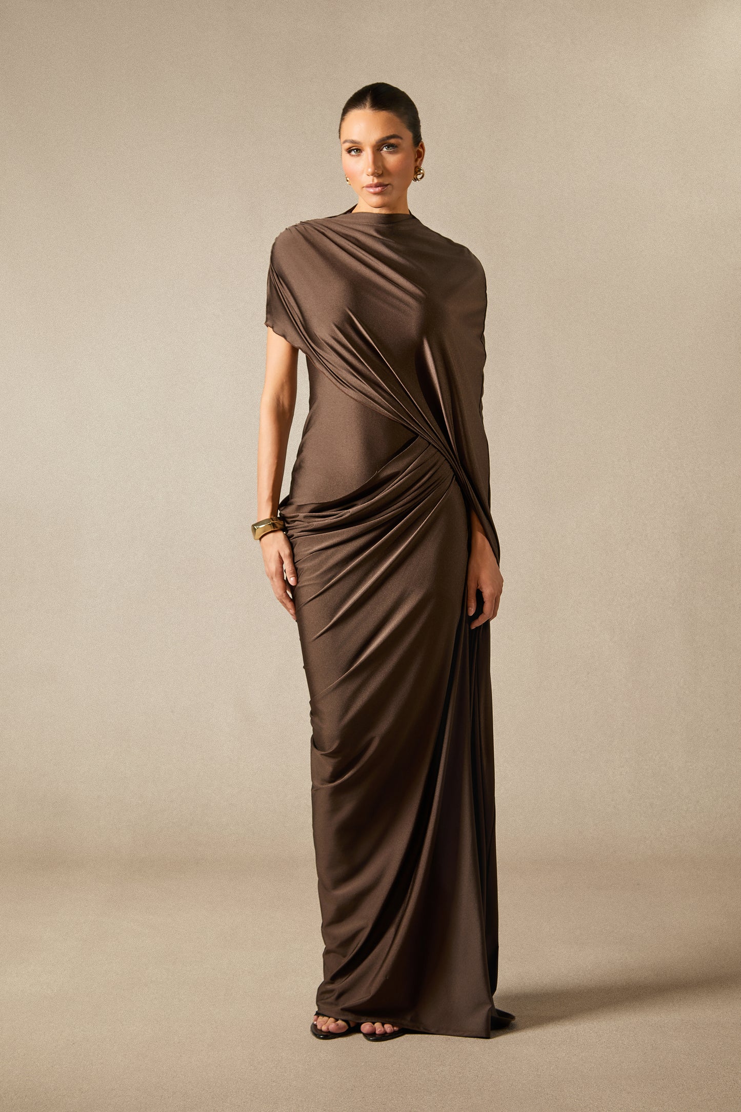 Timeless Asymmetric Sleeve Drape Maxi Dress