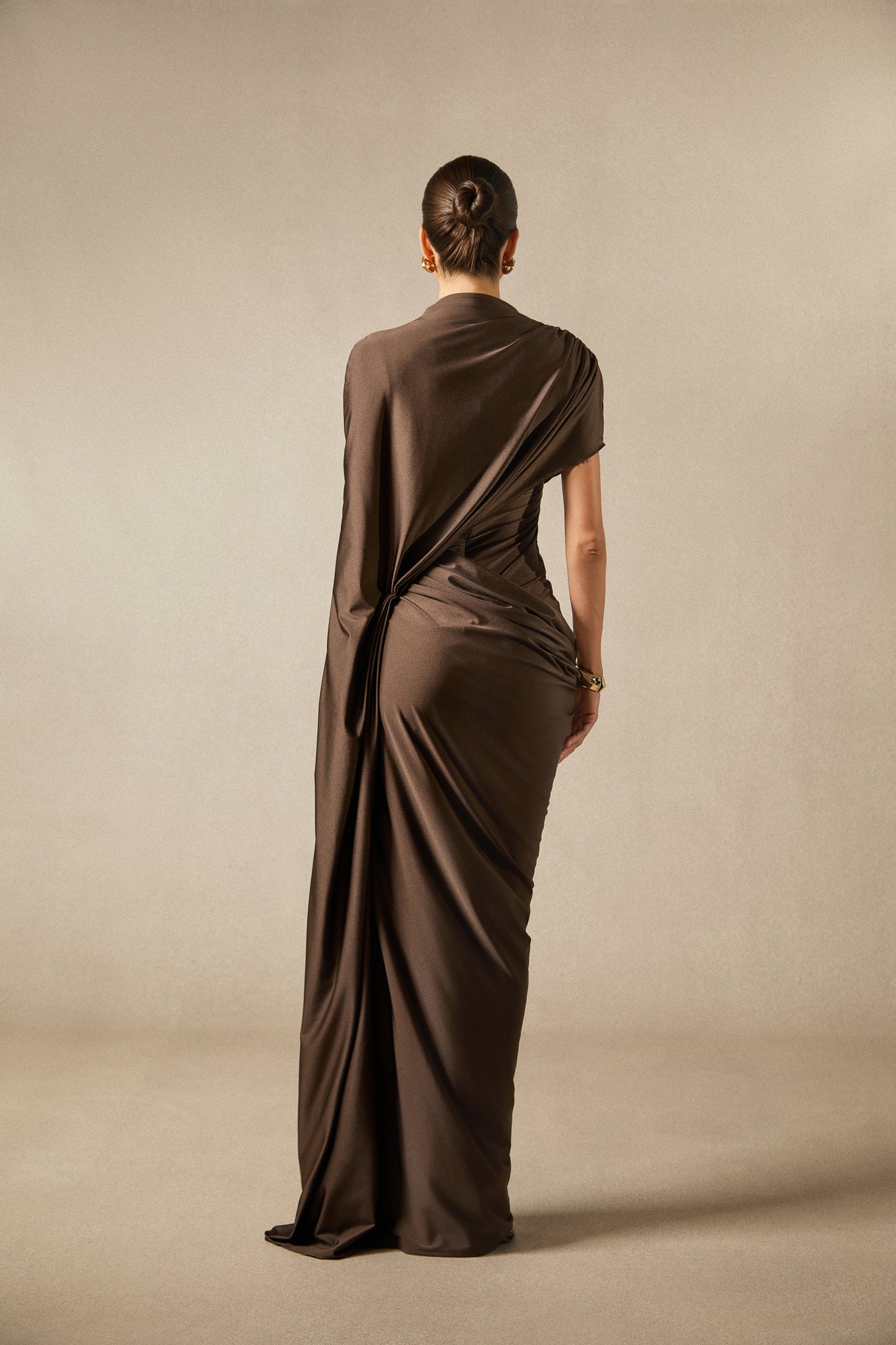 Timeless Asymmetric Sleeve Drape Maxi Dress