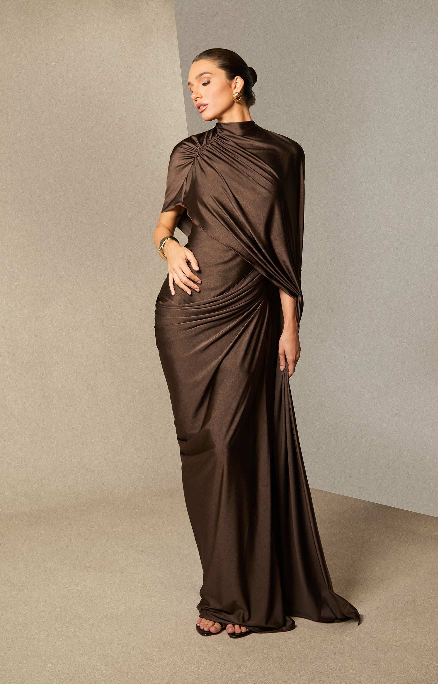 Timeless Asymmetric Sleeve Drape Maxi Dress