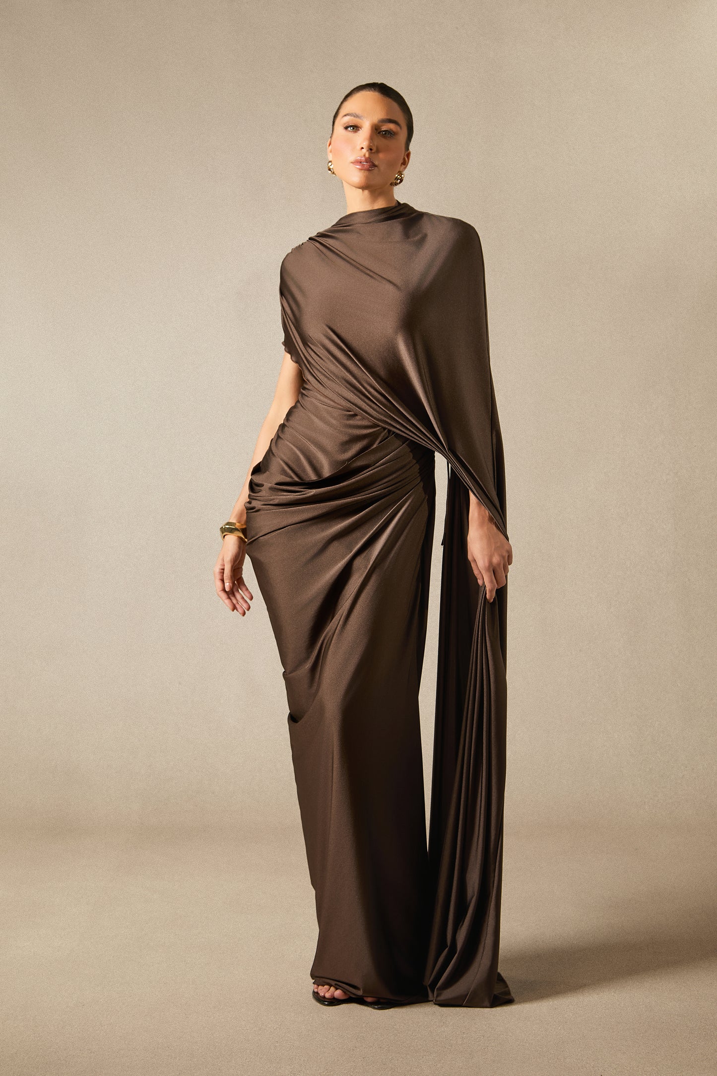 Timeless Asymmetric Sleeve Drape Maxi Dress