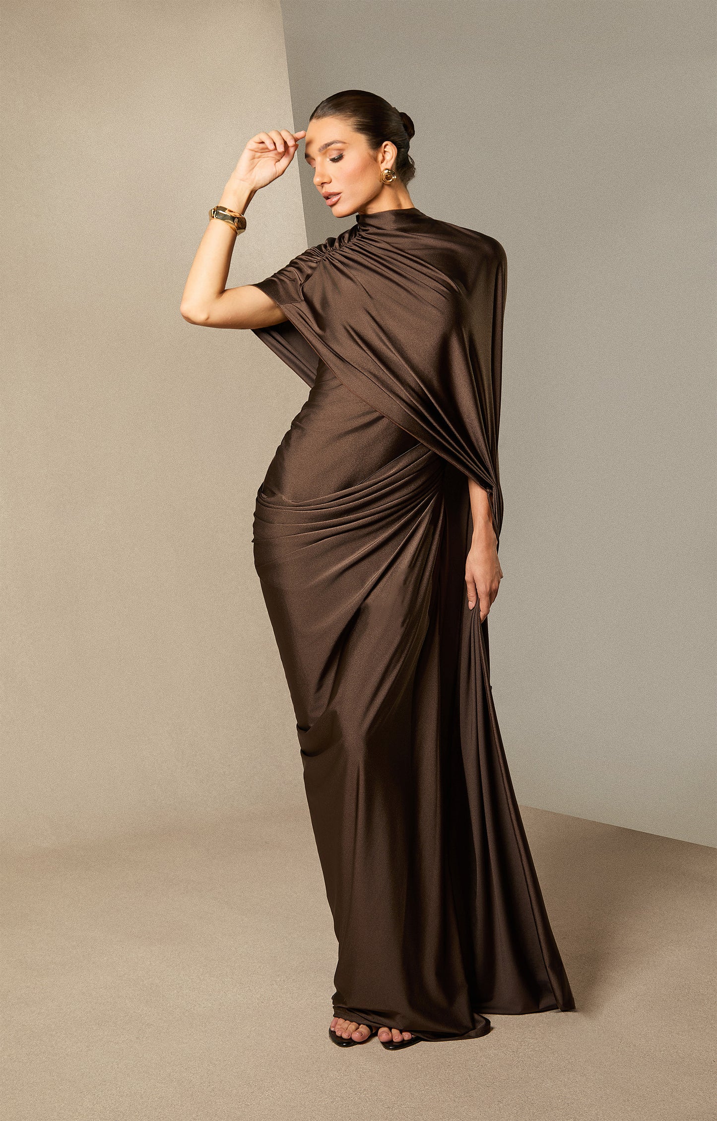 Timeless Asymmetric Sleeve Drape Maxi Dress