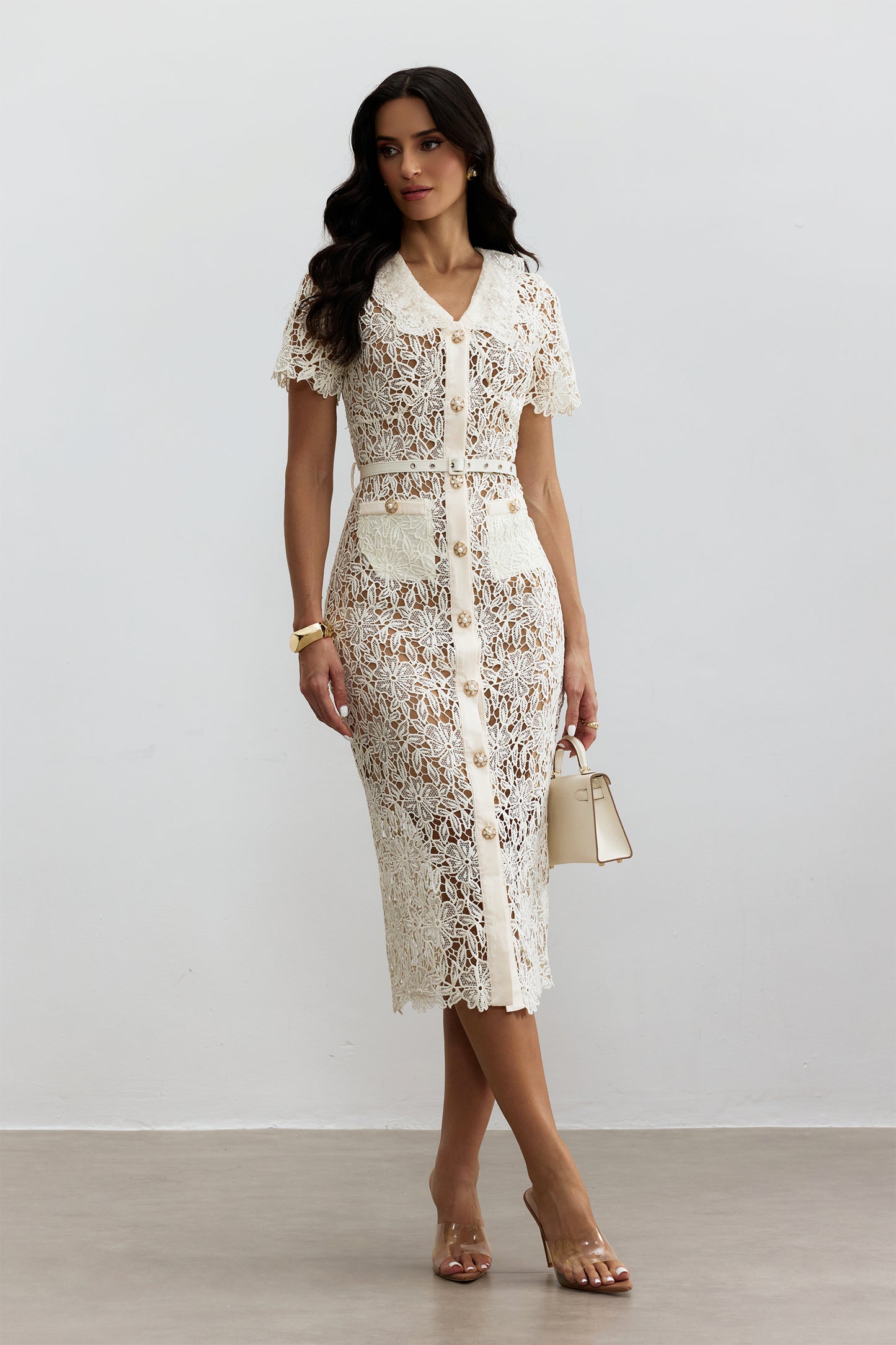 Trendy V-Neck Embroidered Lace Midi Dress