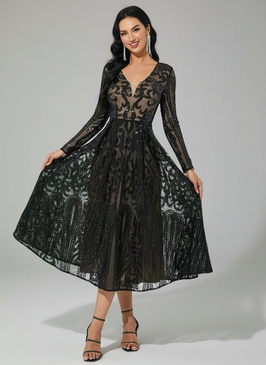 Tulle Midi Dress - Black A-Line with Sequins