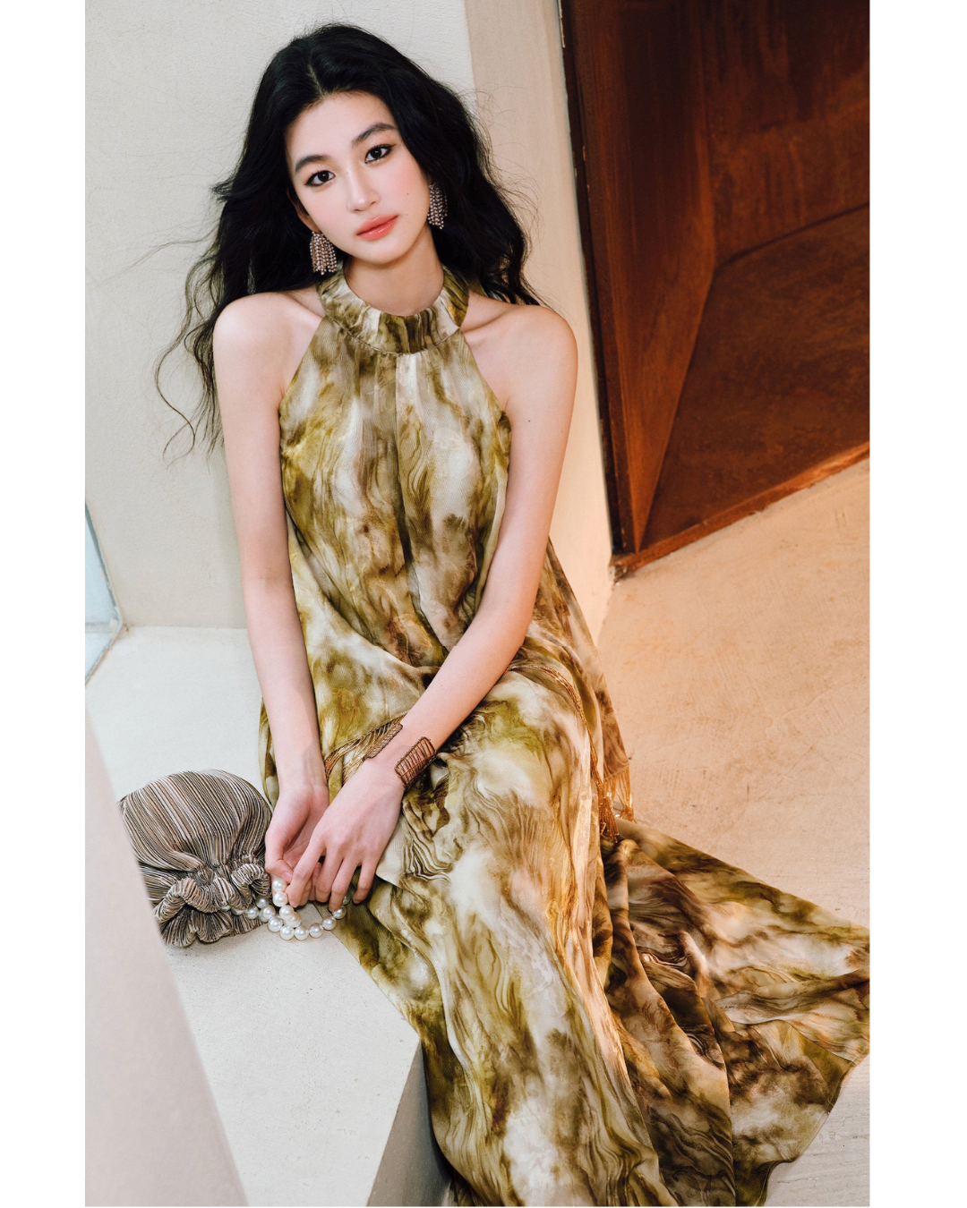 Satin Jacquard Off-Shoulder Dress with Beaded Tassels